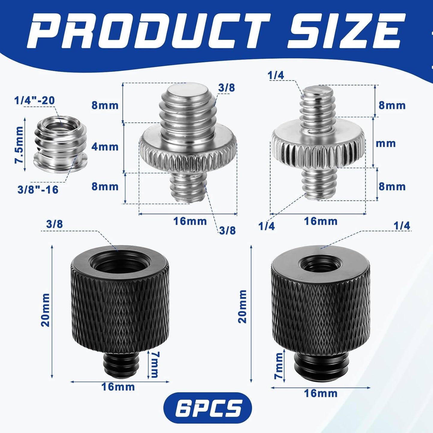 Xthrotsenk 6 1/4 3/8 3/8 1/4 Tripod Screw Adapter Pcs Aluminum Threaded Converter Male to Female and Male to Female