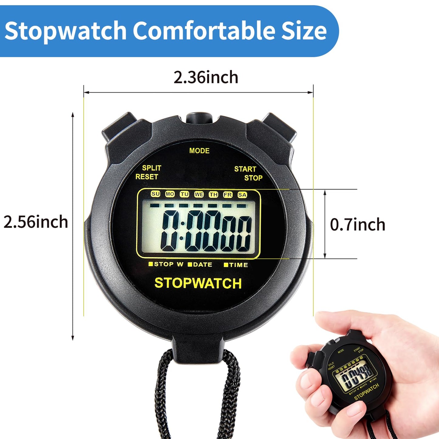 Digital Stopwatch Timer Large Display with Clock and Date, No Alarm Function, Simple Stopwatches for Sports Coaches Running Swimming Kids Training-2 Pack Black