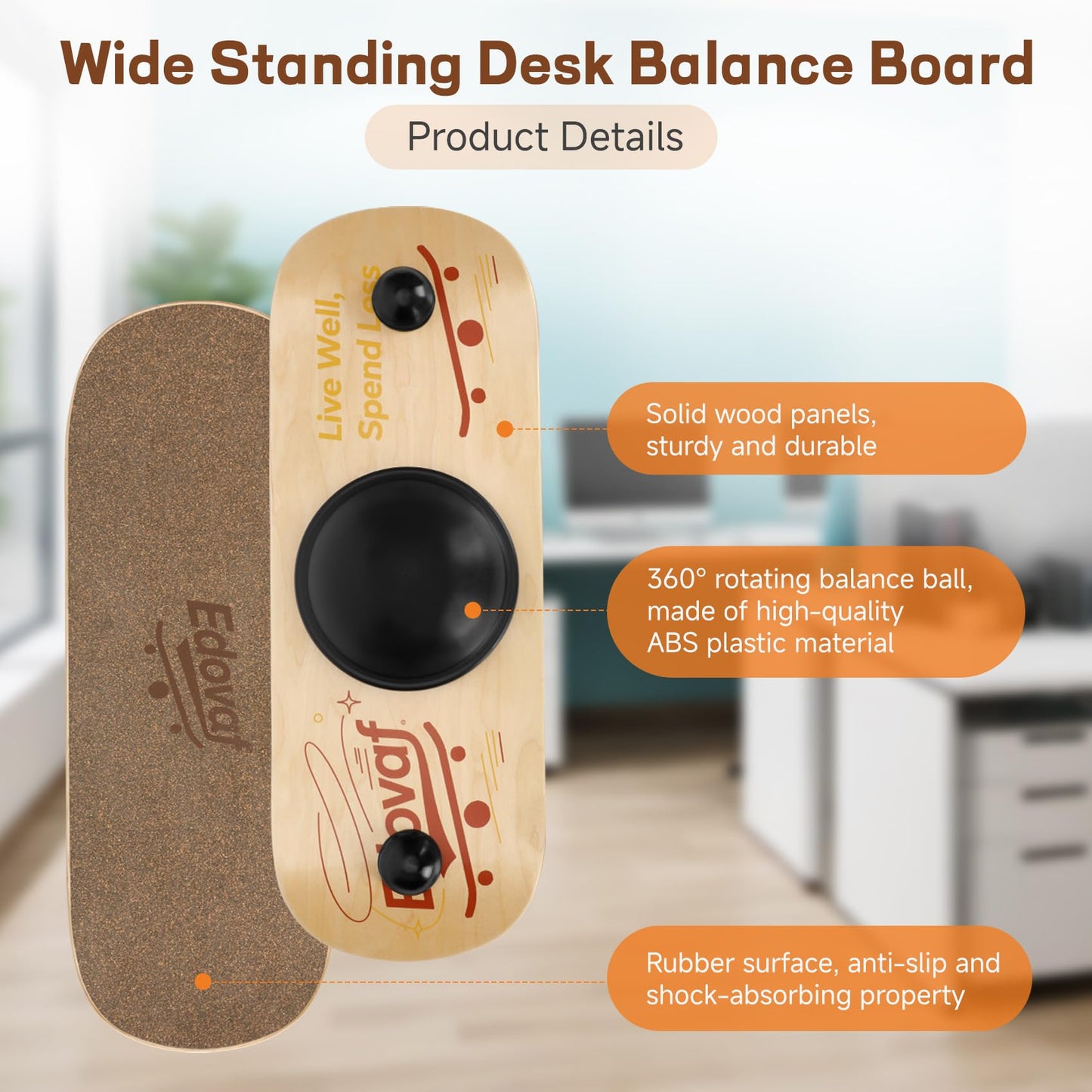 Edovaf Balance Board- Gift for Adults & Kids,Wood Wobble Balance Trainer Board,Premium Slip-Resistant Surface Portable Fitness Equipment,Suitable for Core Workout, Standing Desk Exercise, Home Gym, Yoga