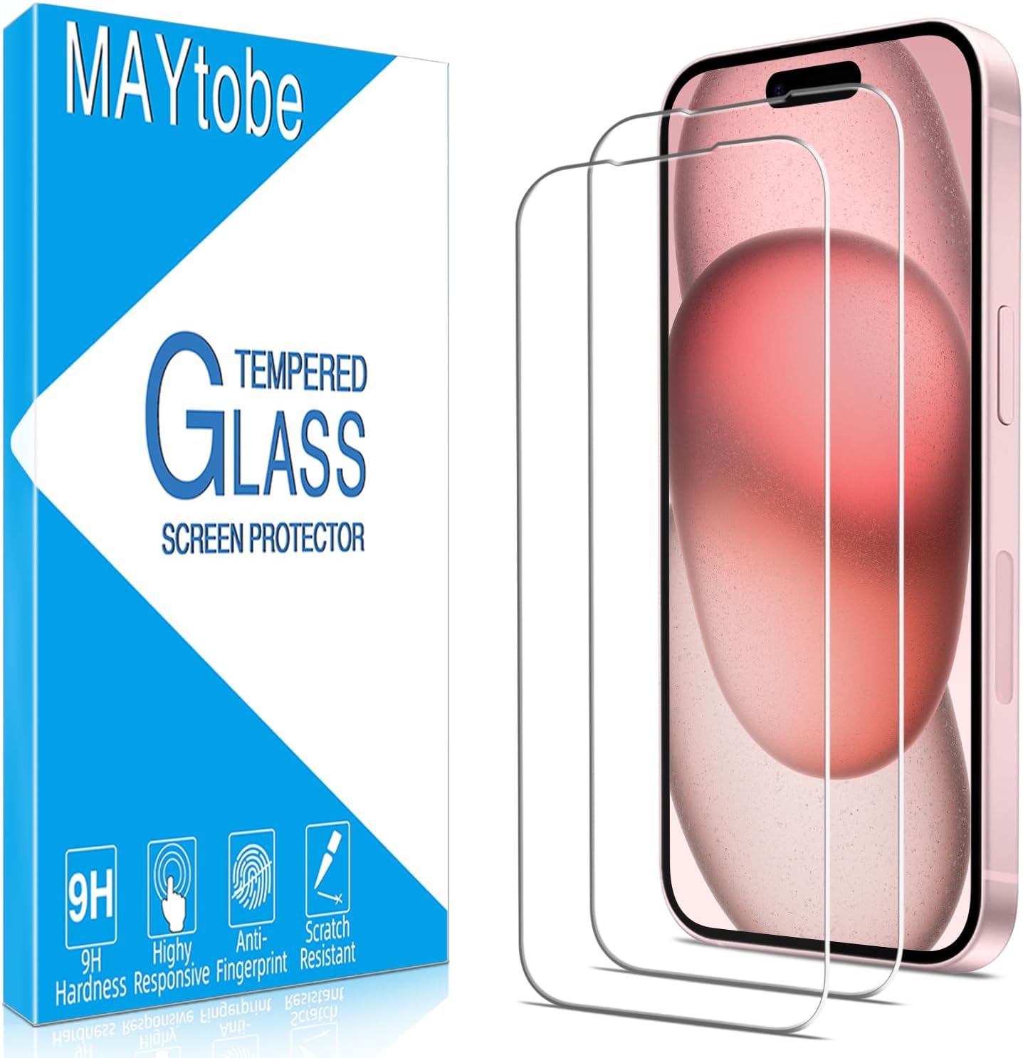 [2 Pack 15 MAYtobe Designed for iPhone Screen Protector Tempered Glass, Case Friendly, Bubble Free, Easy to Install