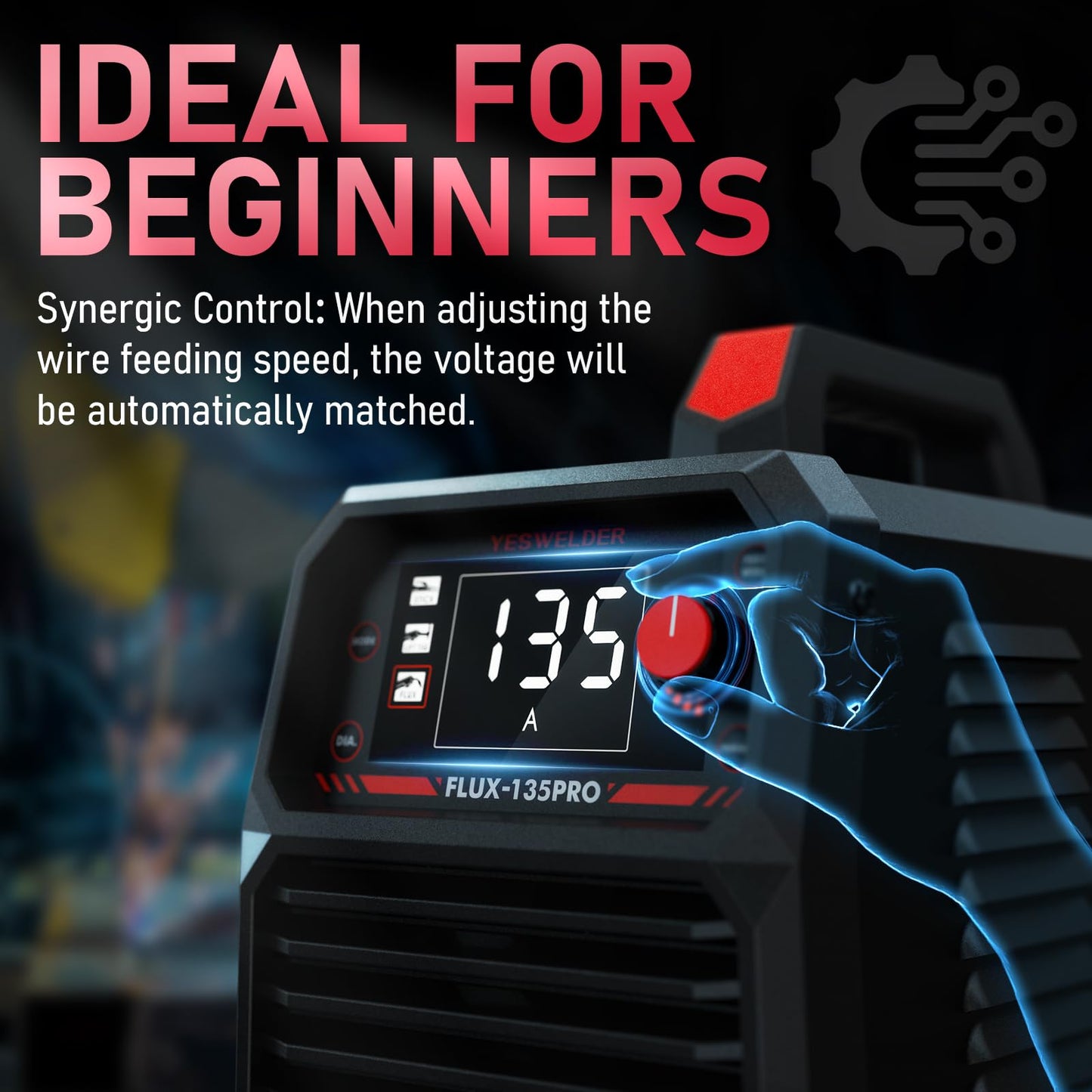 YESWELDER 135Amp Flux Core MIG Welder FLUX-135PRO,110V Flux Core MIG/Lift TIG/Stick 3-in-1 Digital Display Welding Machine & LYG-L600A Auto Darkening Blue Light Blocking Welding Helmet