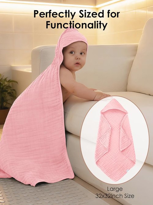 Muslin Hooded Baby Bath Towels - Ultra-Soft 100% Cotton | 3 Pack, 32x32 Inch, Quick-Dry, Pink Series