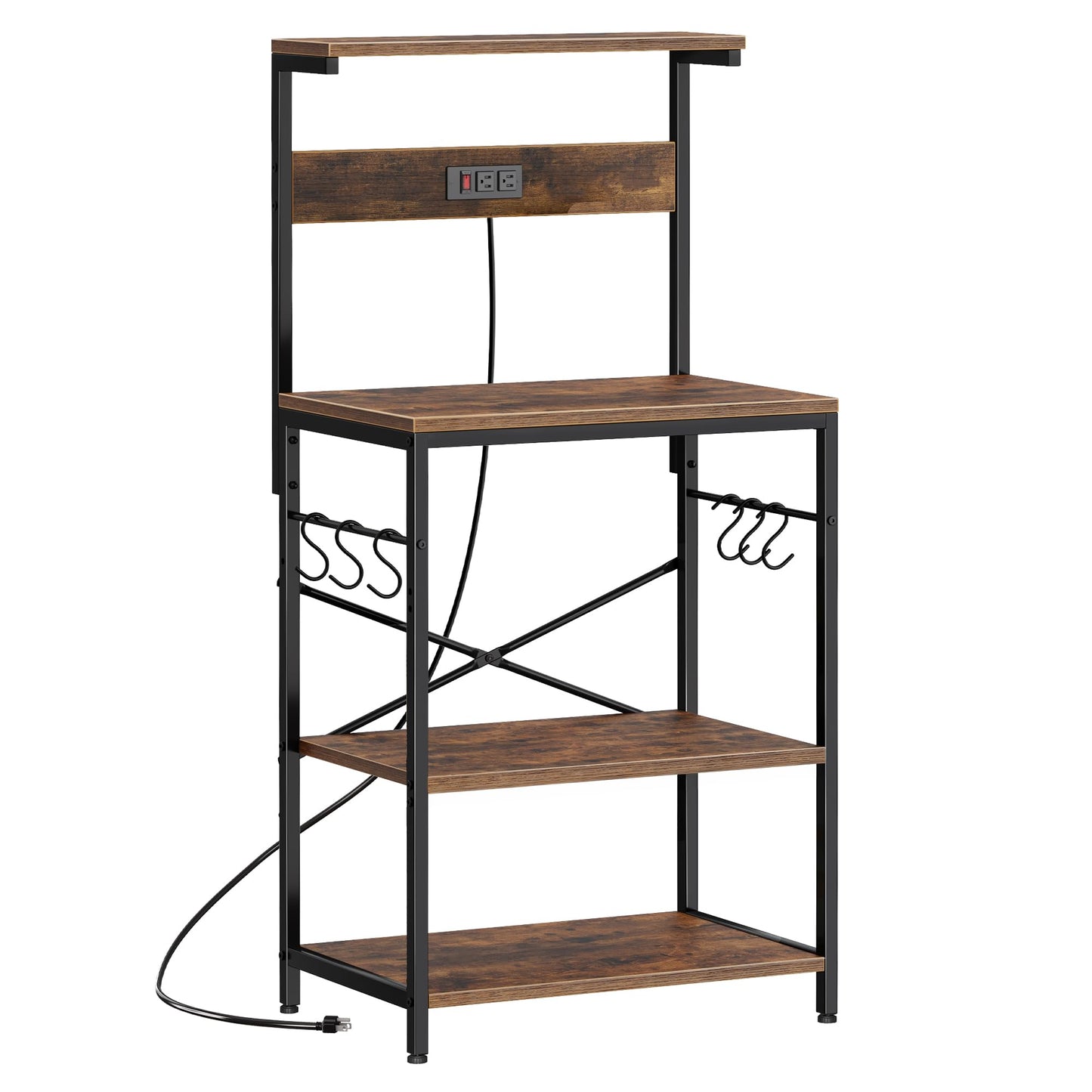 SUPERJARE Kitchen Bakers Rack with Power Outlet, Coffee Bar Table 4 Tiers, Kitchen Microwave Stand with 6 S-shaped Hooks, Storage Shelf Rack for Spices, Pots and Pans - Rustic Brown