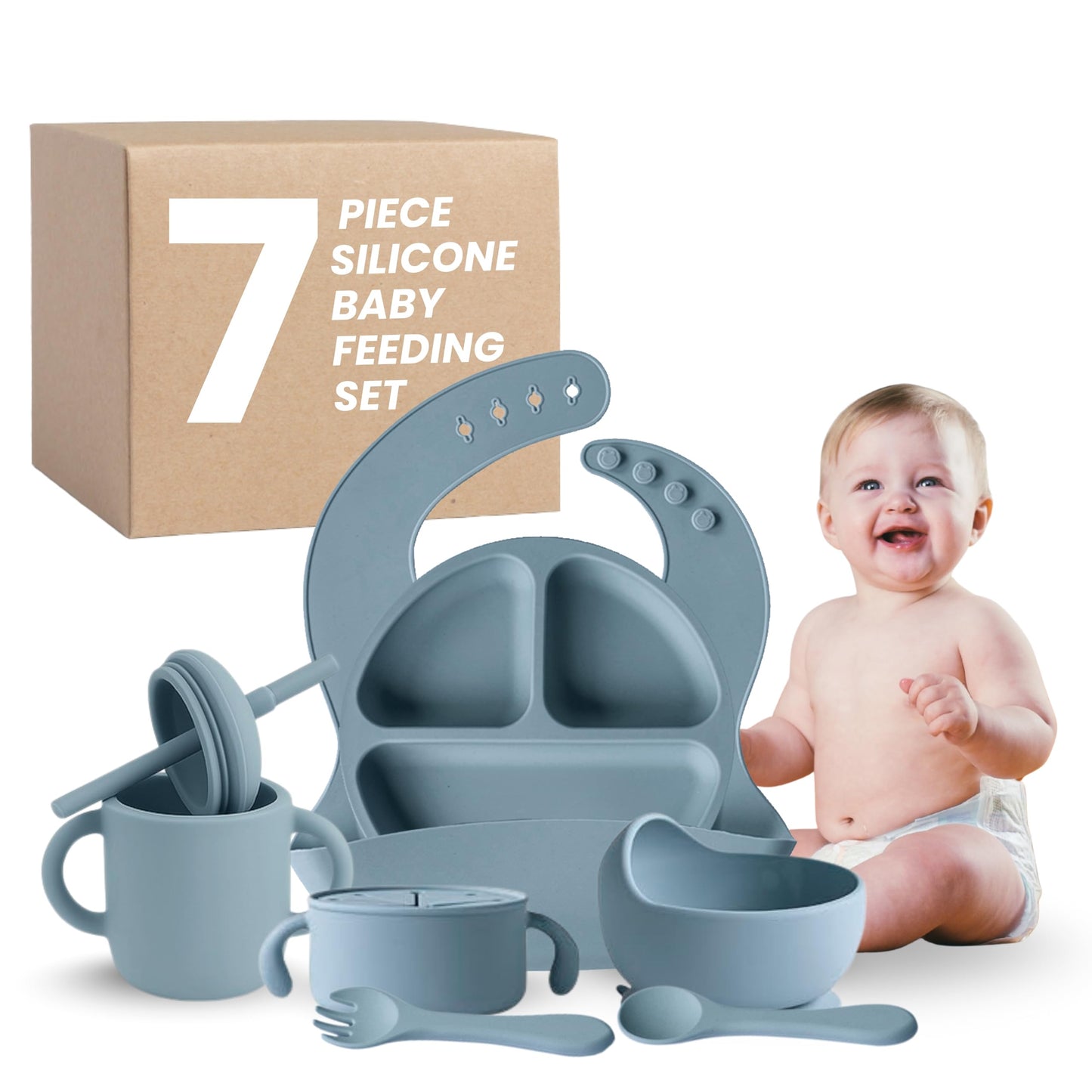 Silicone Baby Feeding Set 7-Piece Baby-Led Weaning Kit with Suction Plate & Bowl, Snack & Straw Cup with Handles, Bib & Utensils | BPA-Free, Microwave & Dishwasher Safe | Smoky Blue