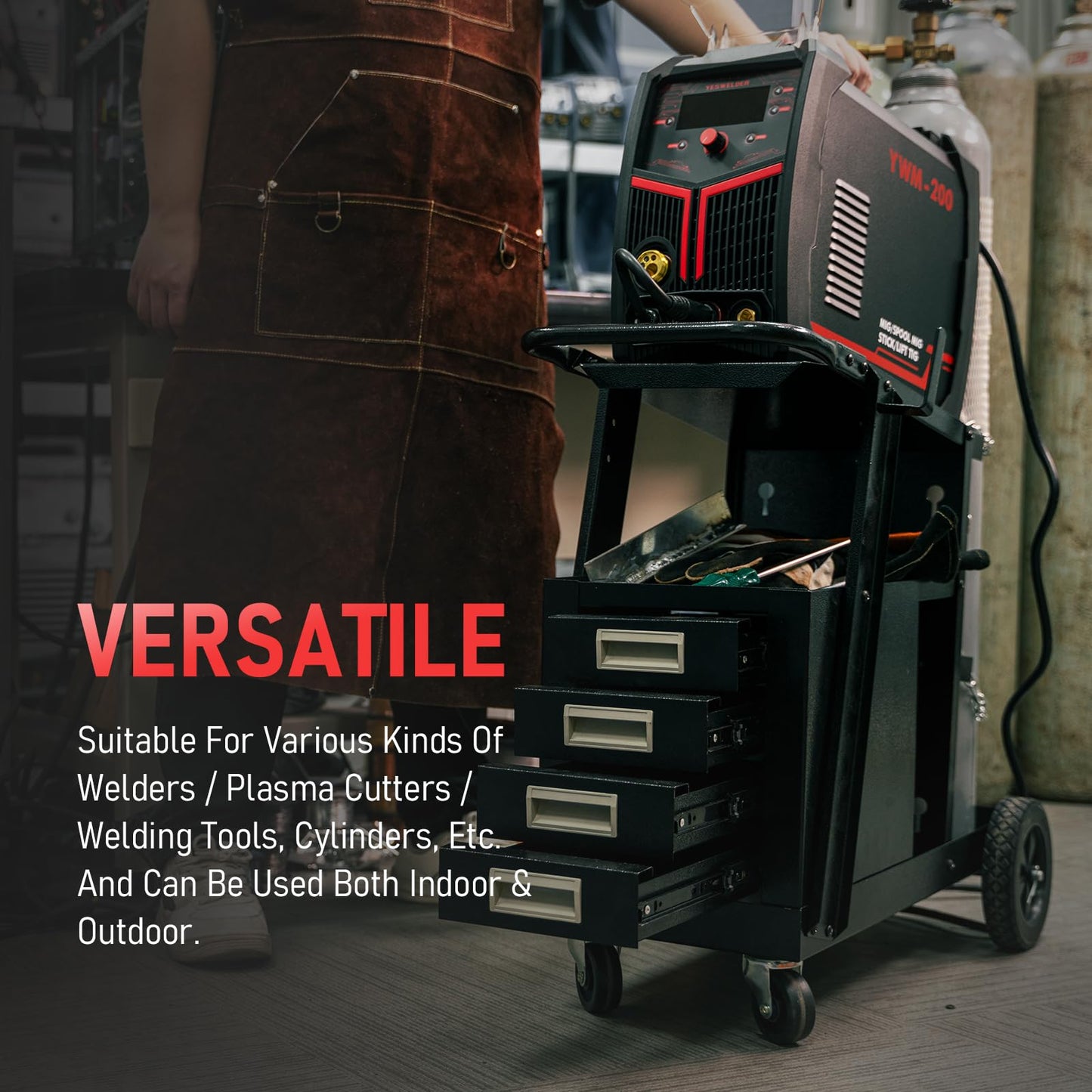 YESWELDER 2-Tier Welding Cart with 4 Drawers, Heavy Duty Large Storage Welding Trolley with 360° Rolling & Safety Chains for MIG TIG Welder and Plasma Cutter