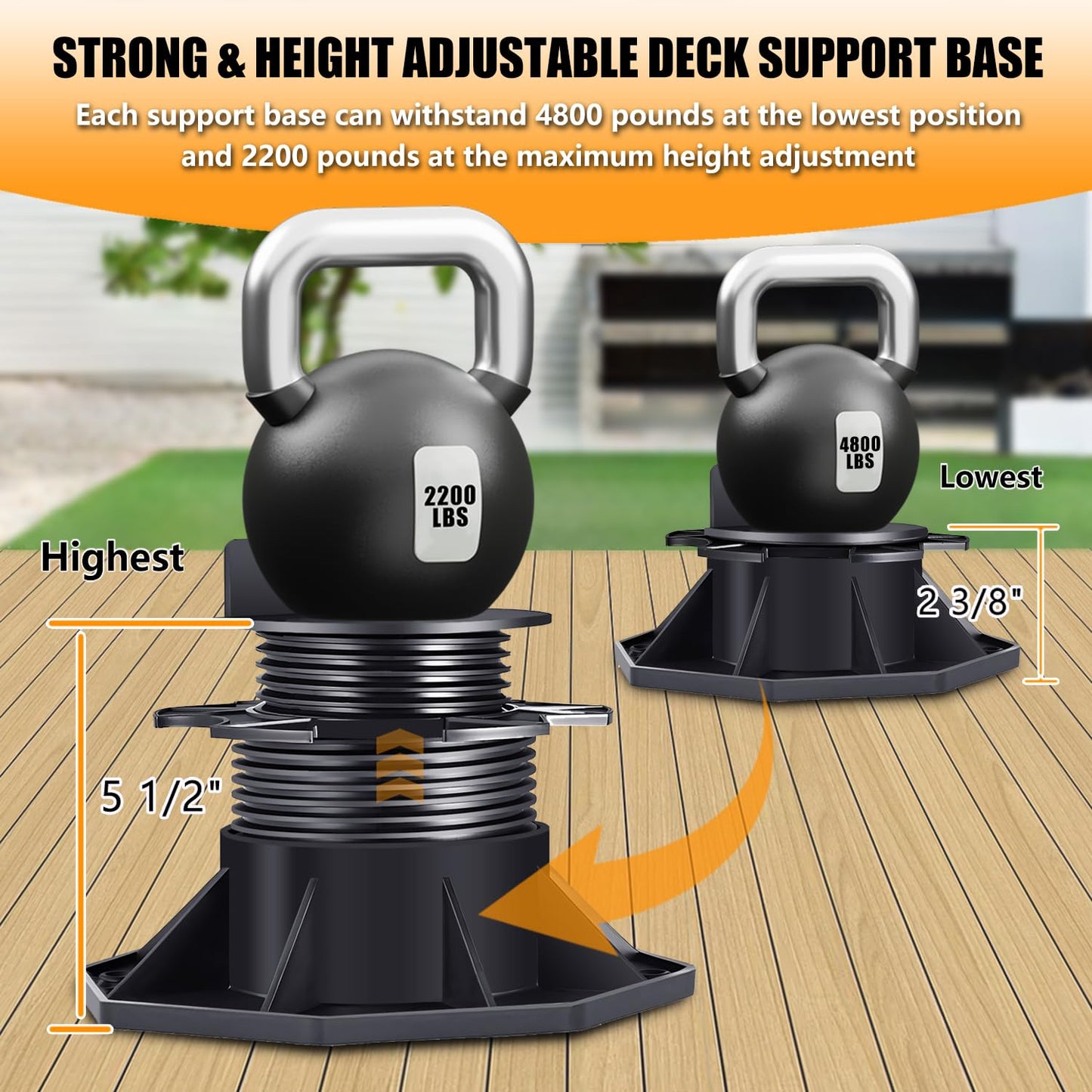 12Pack Adjustable Deck Support Pedestal Deck Foundation Base Support，Used for Floating Deck Platform Deck Floor Height Adjustment Raising, Adjustment Raising from 2-3/8" to 5-1/2", Black
