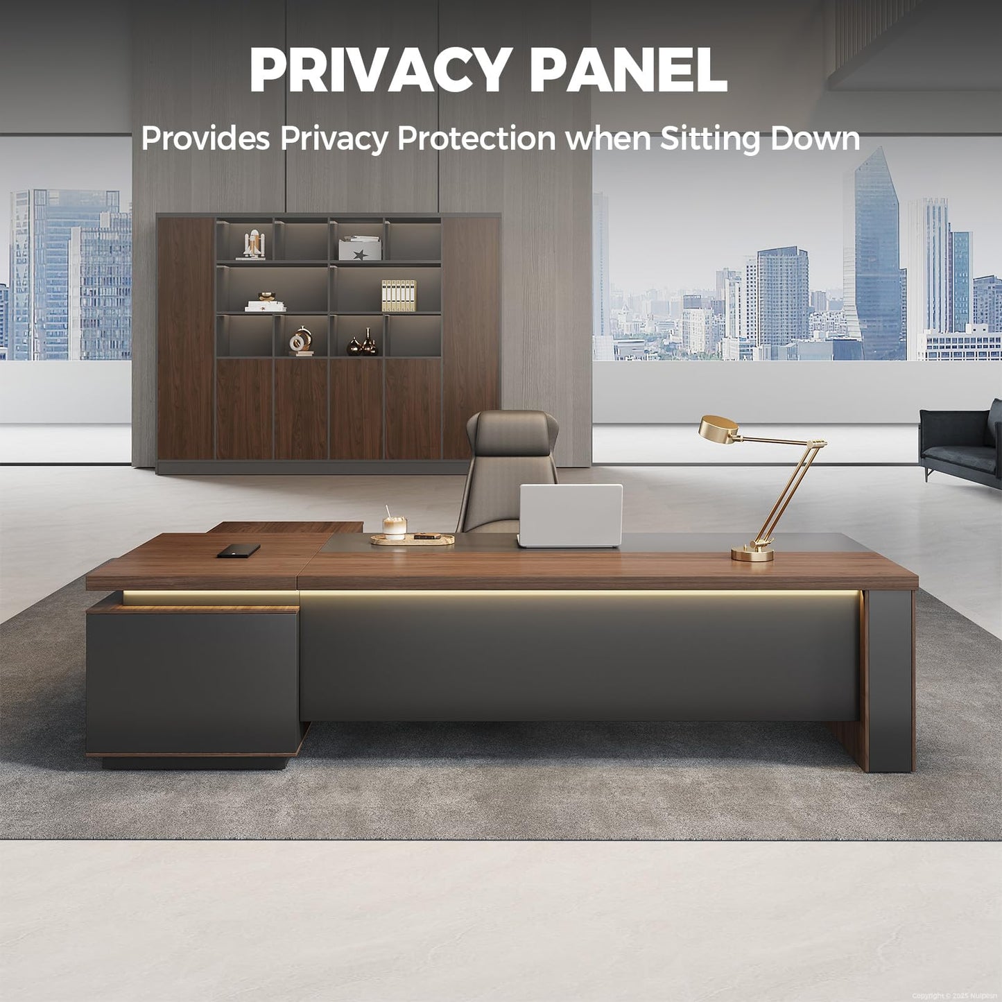 ZIMASYA Compact Reversible L Shaped Executive Desk for Manager, Home Office Desk with Power Outlet & USB Ports, LED Ambient Lighting, Storage Cabinet (Red Walnut/Graphite Gray, 95" L*71" W*30" H)
