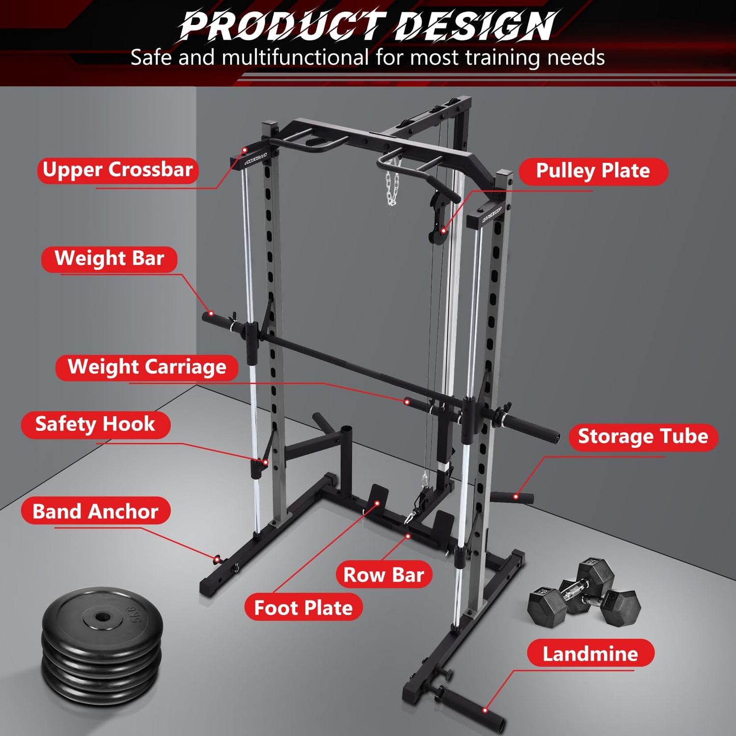 OPPSDECOR Smith Machine Squat Rack with LAT-Pull Down Multifunctional Power Rack with Cable Crossover Machine Power Cage with Barbell Bar Full Body Training Attachments for Home & Garage Gym (Grey)