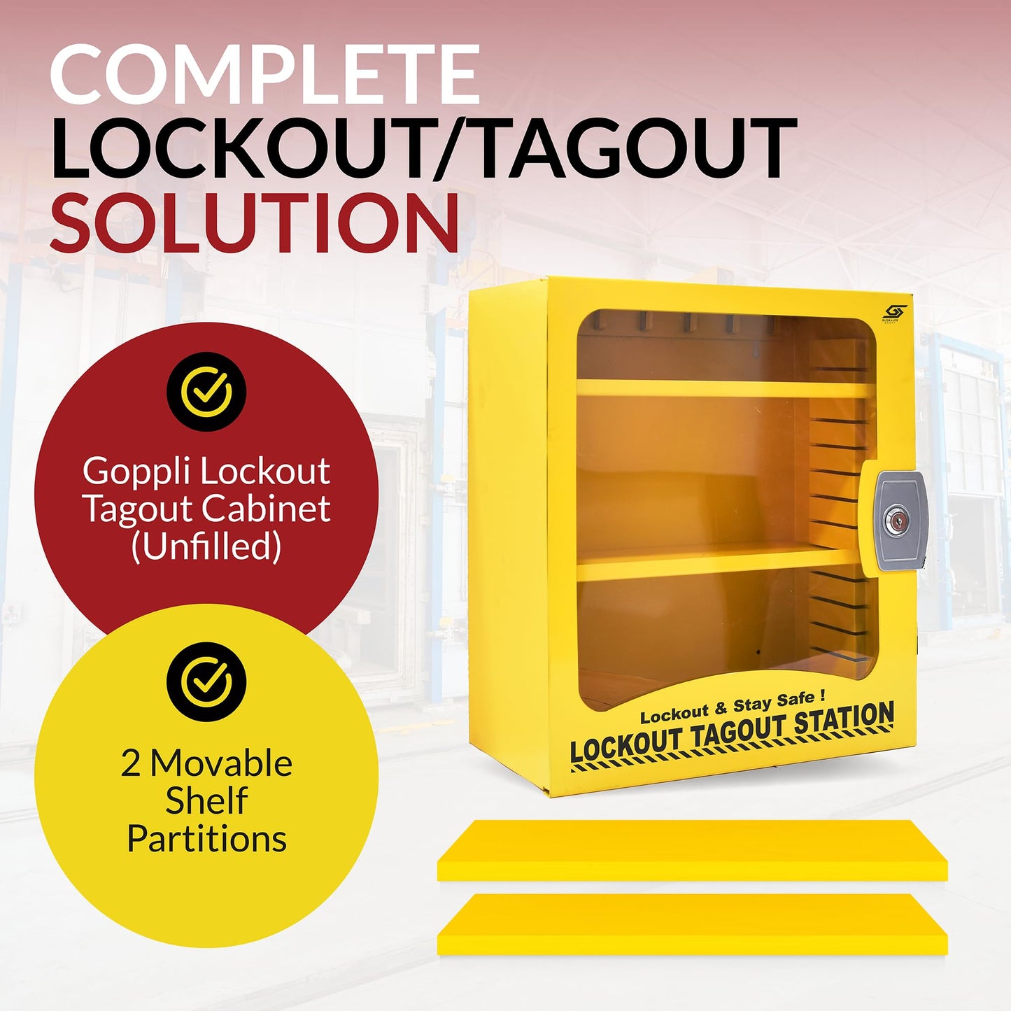 Goppli Lockout Tagout Kit Cabinet - Wall Mount Loto Station for Lock Out Tag Out Safety Locks, OSHA Compliant Steel Lockout Box with 2 Adjustable Shelves, Industrial Yellow Safety Cabinet Unfilled