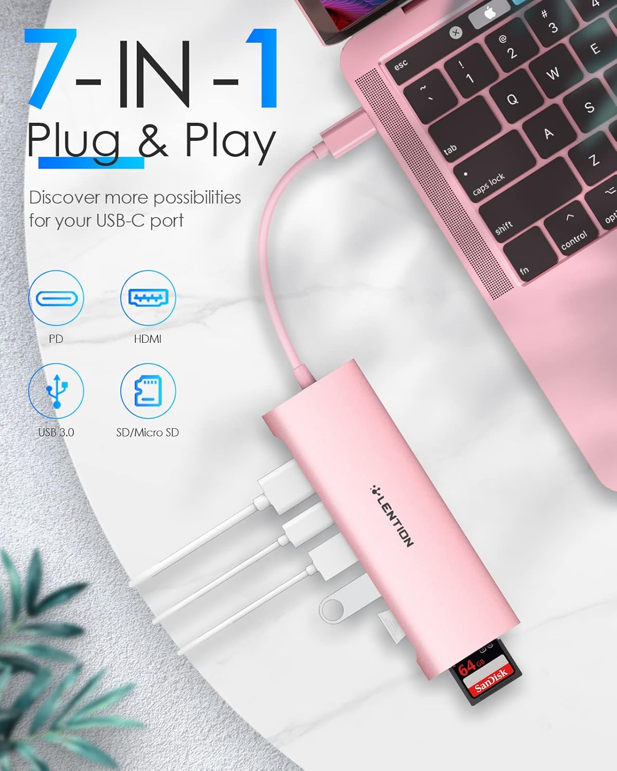 LENTION 7-in-1 4K 100W 3 3.0 2016-2025 (CB-C36B, USB C Multiport Hub with HDMI, PD, USB Ports, SD/MicroSD Card Reader