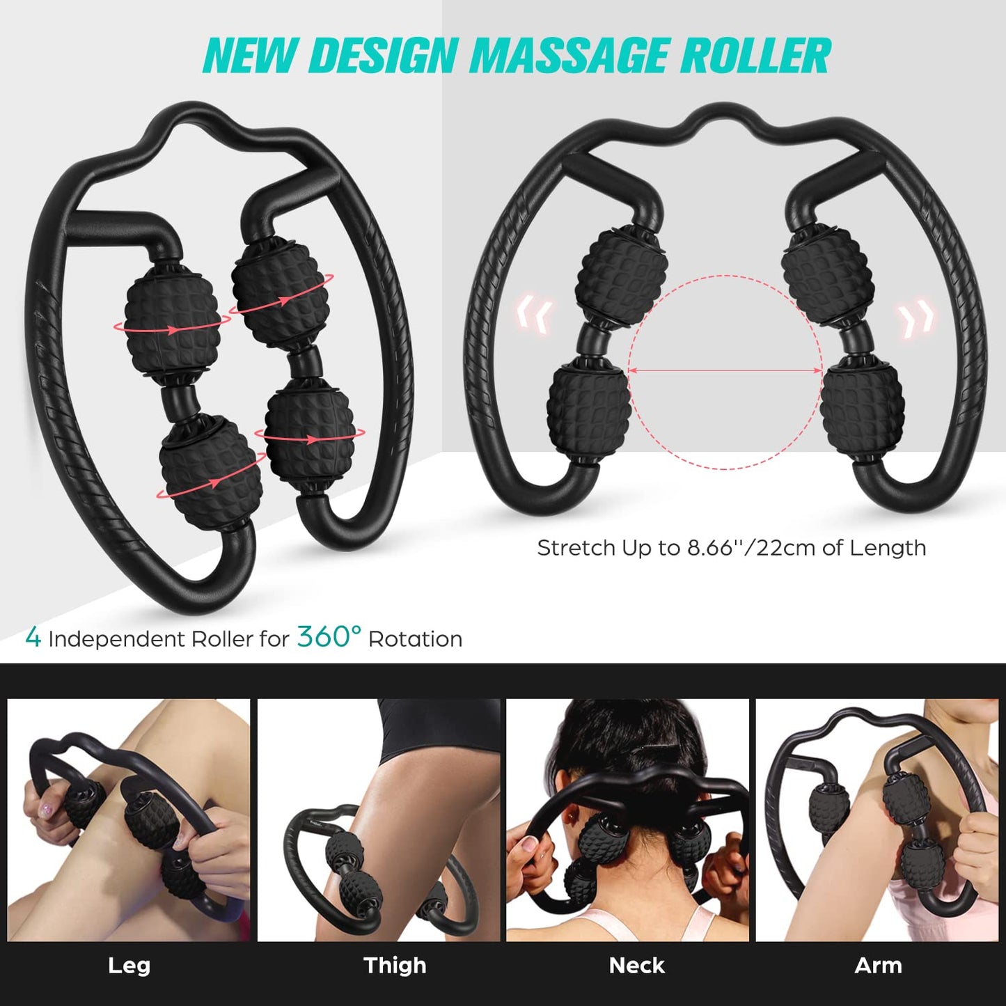 Odoland Massage Set - 360 Trigger Point, Muscle Roller Stick, Y Shaped Handheld, 2 Massage Balls for Legs, Arms - Myofascial & Deep Tissue Pain Relief - Black