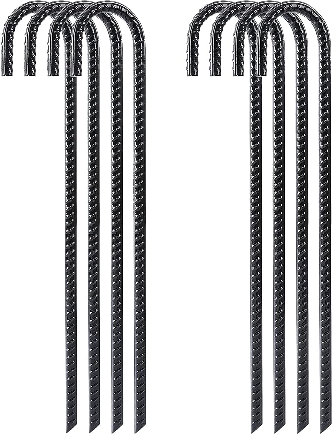 FEED GARDEN 16 Inch 8 Pack Rebar Stakes Heavy Duty J Hook, Galvanized Steel Ground Stakes Tent Stakes Ground Anchors, Chain Link Fence Stakes, Trampoline Stakes, Black
