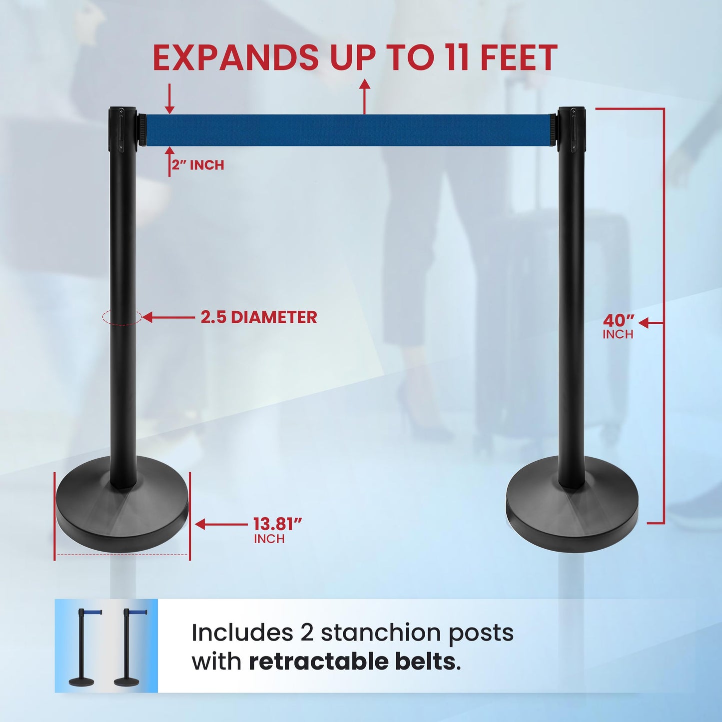 Crowd Control Warehouse Set of 2 Stanchion Retractable Belt Barriers, 11 Foot Dark Blue Belt Barrier with 40” Black Posts, Premium Barriers with Heavy Duty Concrete Base, CCW Series RBB-100