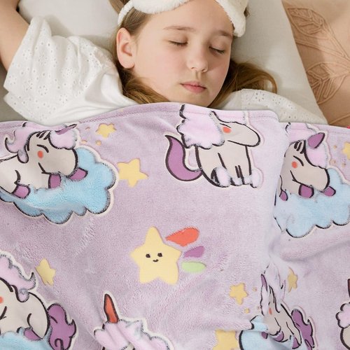 BYKOSY Glow in The Dark Blanket Unicorn Pattern for Unique Birthday Gifts for Girls Boys Teens, Lightweight Soft Cozy Warm Fuzzy 50"×60" Purple