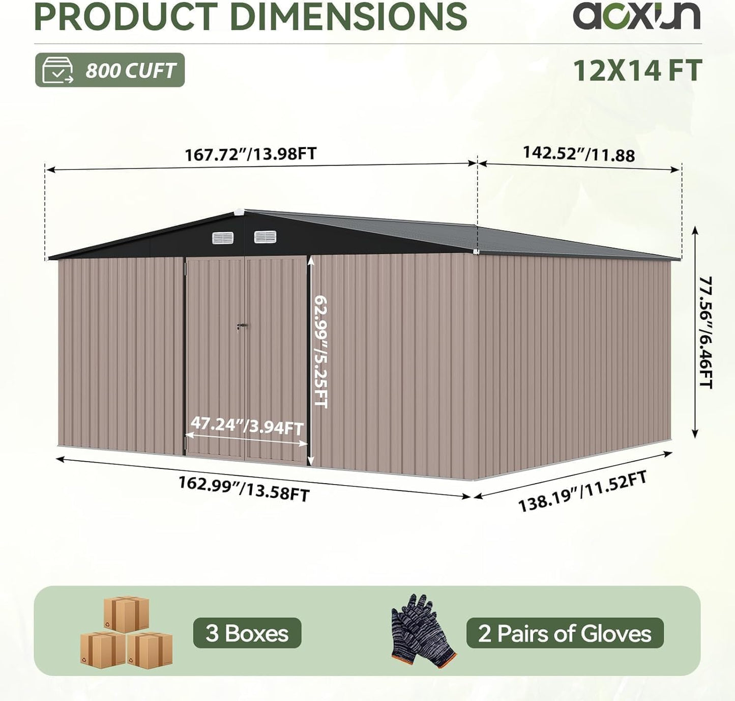 Aoxun 14x12 FT Large Outdoor Storage Shed, Galvanized Metal Shed with 2 Lockable Tall Doors & Sloped Roof, Heavy Duty Utility Tool Storage House for Patio, Garden, Backyard, Lawn (Brown)