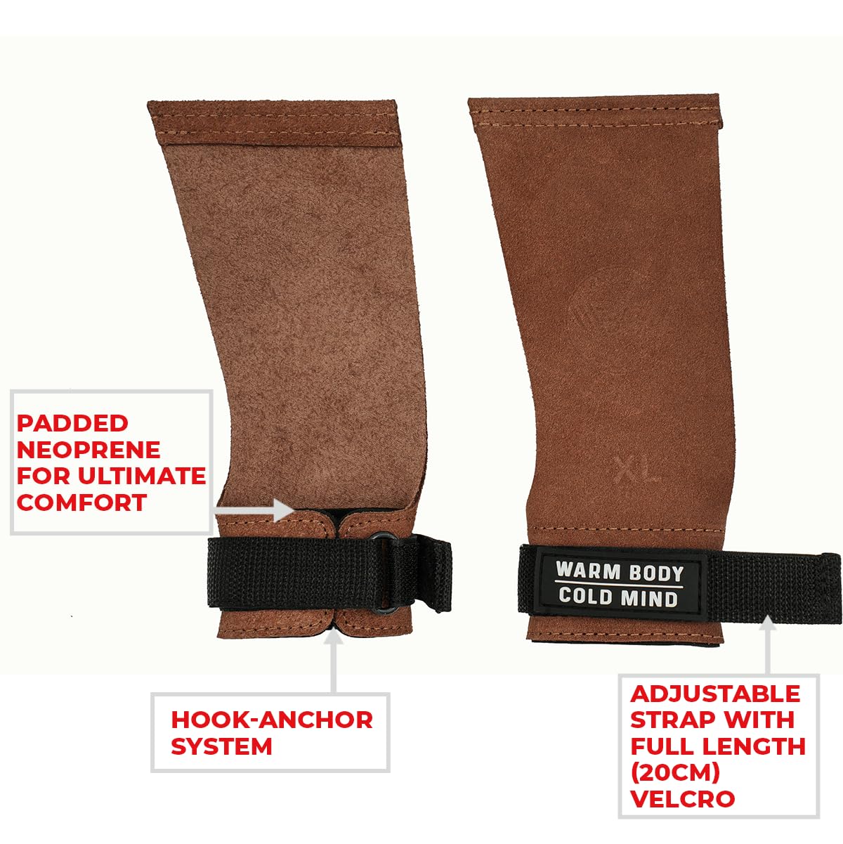 WARM BODY COLD MIND Leather Hand Grips - NO Holes for Weightlifting, Powerlifting, Gymnastics, Cross Training, Pull-Ups, Weight Lifting, Wrist and Palm Protection (Amber, S)
