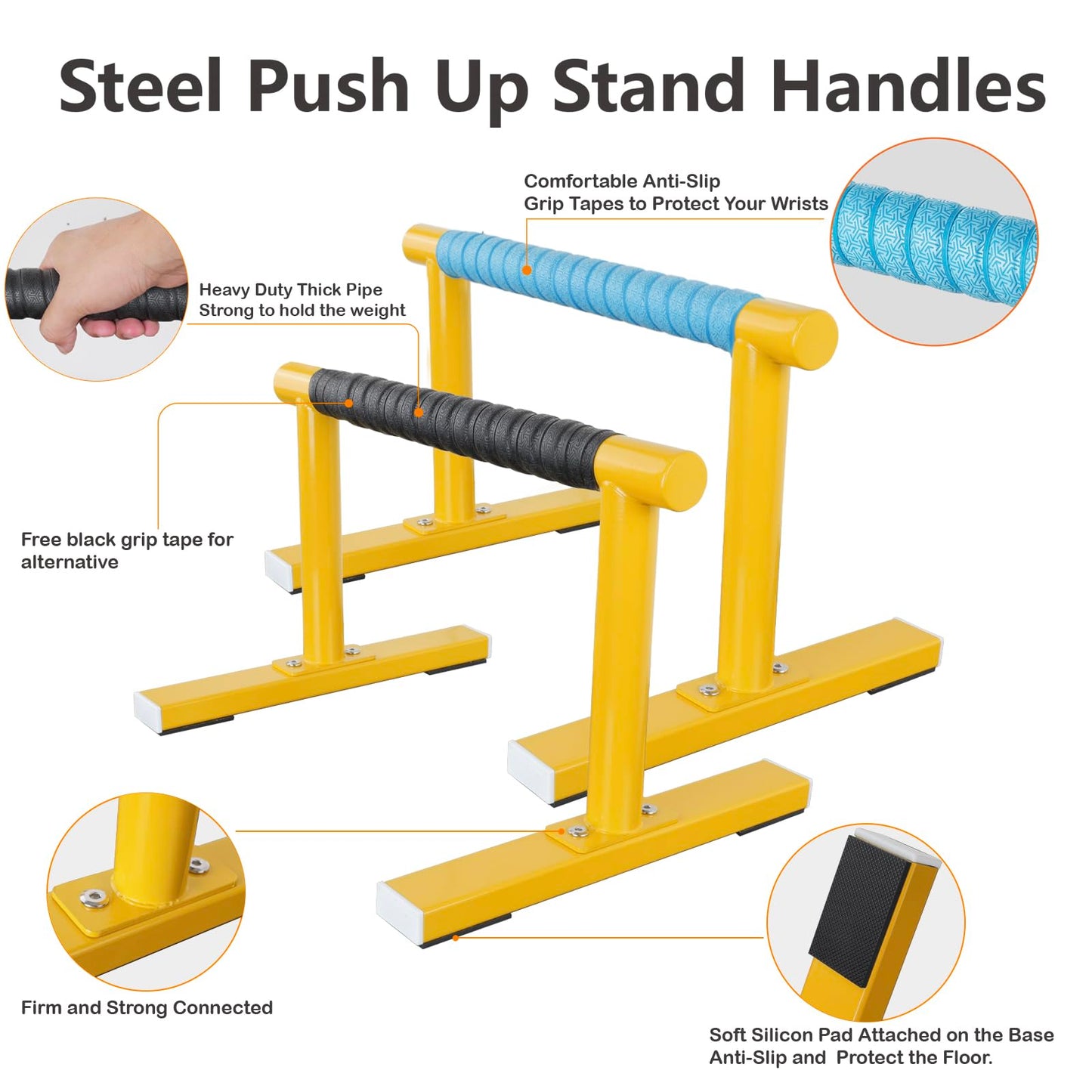 Purife 1 Pair Yellow Strength Training Parallettes Push Up Bars, Pushup Handles Calisthenics Equipment for Home Workout, Anti-slip Gymnastics Bars, Handstand & Dip Bar for Outdoor Exercise