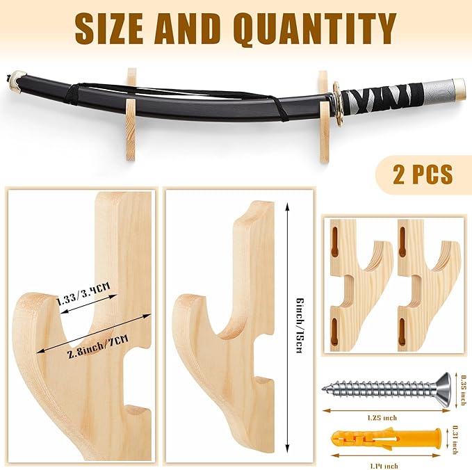Chunful 2 Pcs Sword Wall Mount Sword Holder Katana Stand 1 Tier Hanger Adjustable Wooden Mounts for Samurai(5.91 x 2.76 x 1.38 Inches,Wood Color)