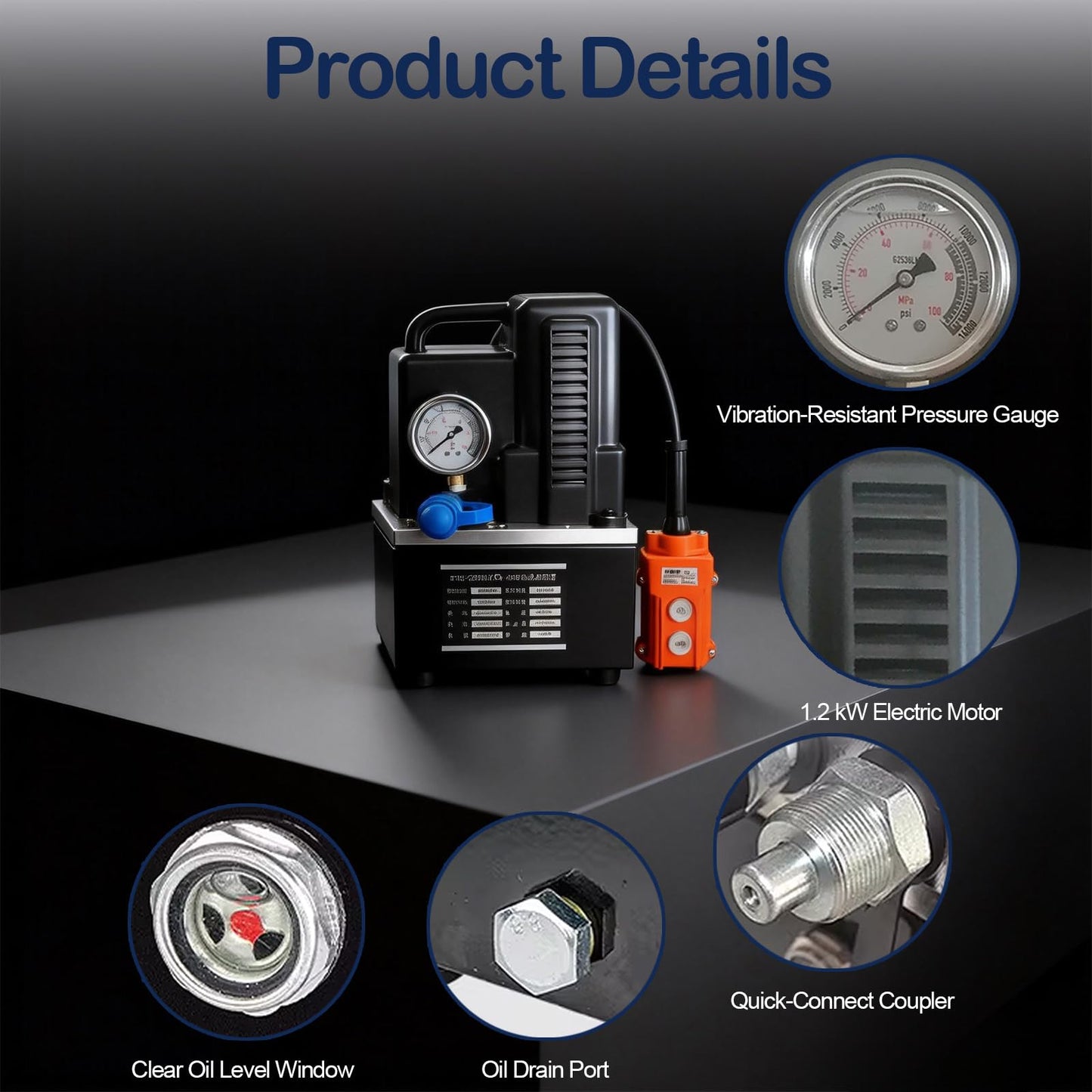 Electric Hydraulic Pump 10152 PSI, 1200W, 110V, with 9.1 ft Oil Pipe 0.92 US Gal Capacity, Single Acting Solenoid Valve, Handheld Switch for Bending, Lifting, Pressing, Punching, Jack (Black)
