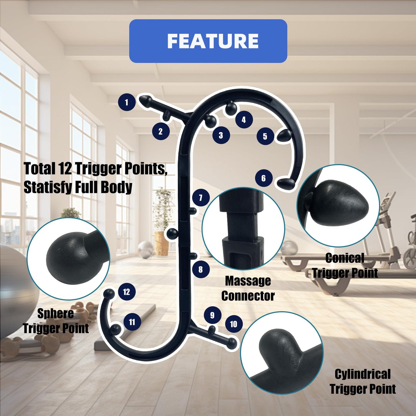 Trigger Point Massager & Back Cane- Deep Tissue Back Massage Tool for Muscle Knot Pain Relief (Back, Neck, Shoulder, Legs & Feet), Handheld Self Massage Cane with S-Shaped Dual-Section Design(Black)