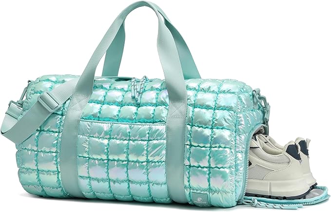 Quilted Duffel Bag for Women, Puffer Gym Duffle Bag with Shoe Compartment Lightweight Large Crossbody Sport Travel Bag Tote Blue Glacier