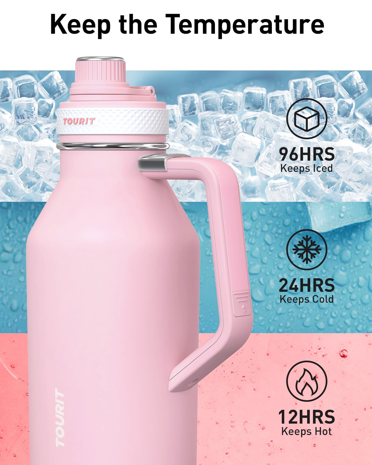TOURIT 64oz Insulated Water Bottle Stainless Steel, Half Gallon Large Water Jug with 2-in-1 Handle, Double Wall Vacuum Metal Keep Cold & Hot, Wide Mouth Sport Water Flask For Gym, Travel, Silver