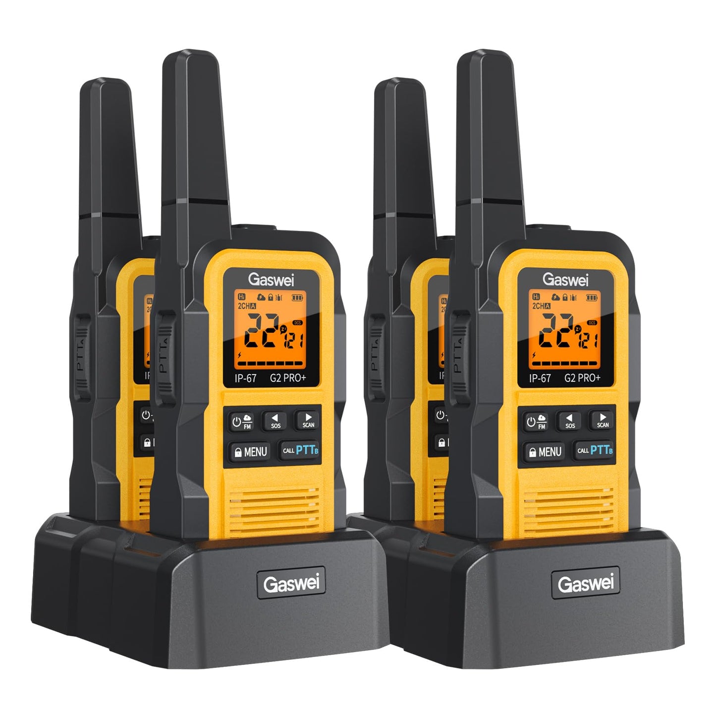 Gaswei G2Pro+ Heavy-Duty Walkie Talkies IP67 Waterproof Two-Way Radios with NOAA Weather Alert & Floating | 2-Watt Long Range for Job Sites, Hunting | Dual PTT, FM Radio, SOS, VOX（4pack）