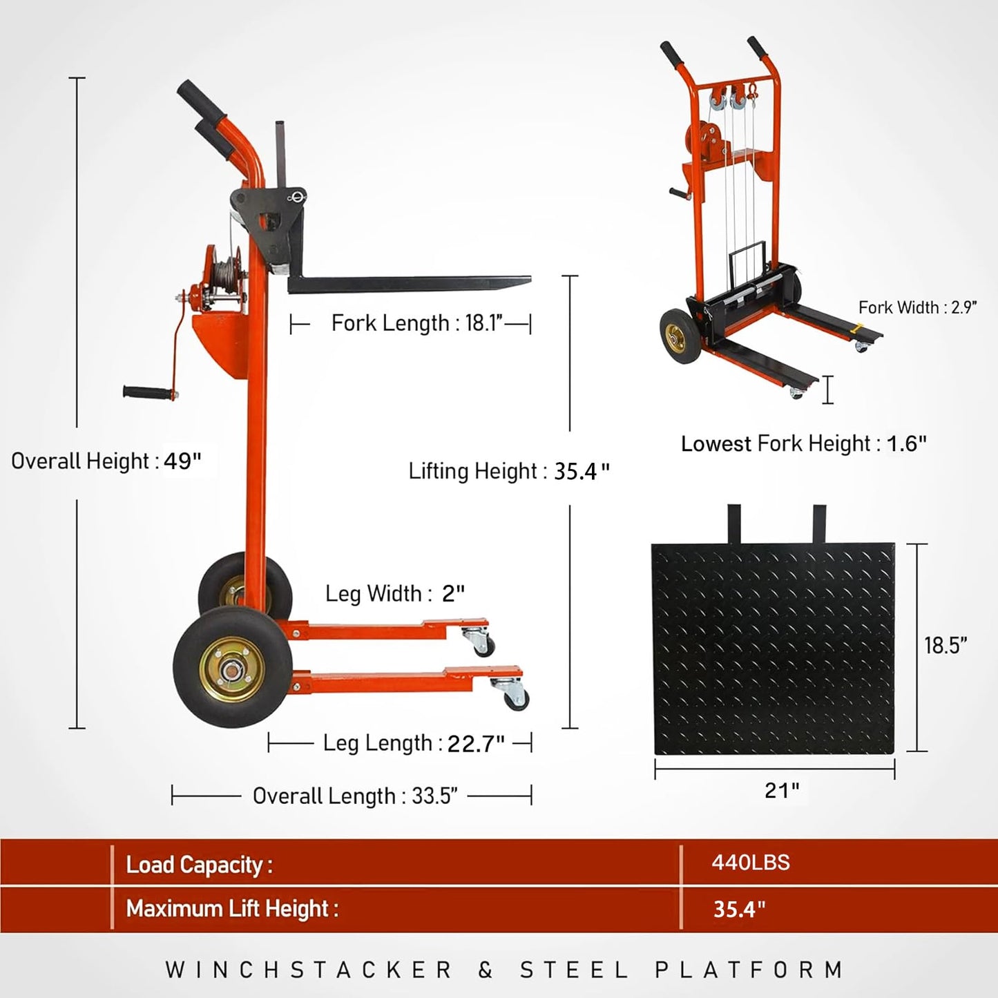 Material Lift Winch Stacker, 440 lbs Capacity Table Cart, 35.4" Lifting Height Manual Forklift Stacker, Pallet Jack Truck Dolly with Swivel Casters and Lift Plate (Orange)