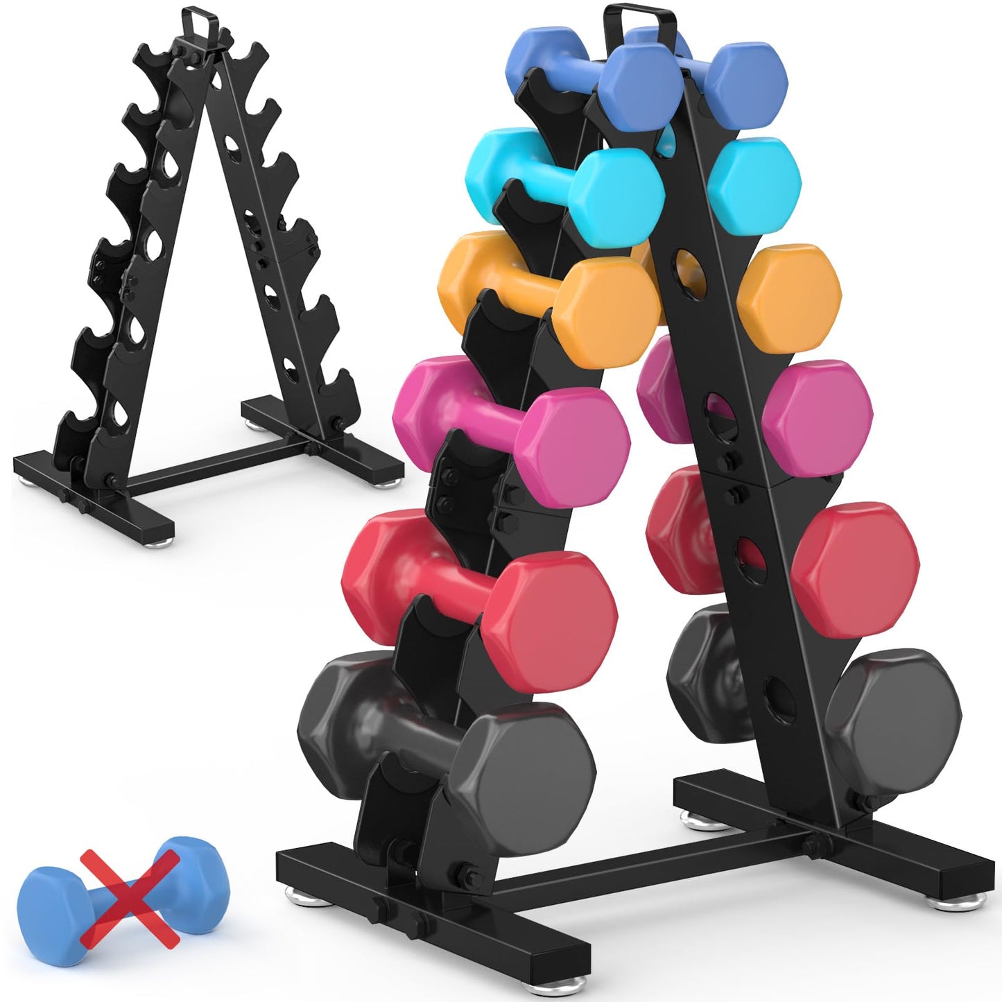 TomCare 6 Tier Dumbbell Rack Stand Only, Weight Rack for Home Gym Metal Compact A-Frame Dumbbell Stand for Dumbell Set (5-35 LB), Weight Storage Holder with Handle (Dumbells not Included)