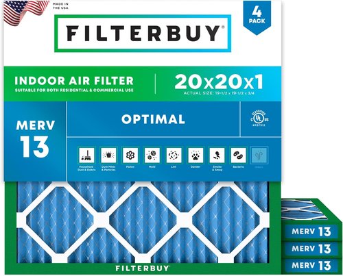 Filterbuy 20x20x1 Air Filter - MERV 13 Smoke & Allergy Defense | 4-Pack Electrostatic Pleated HVAC Filters