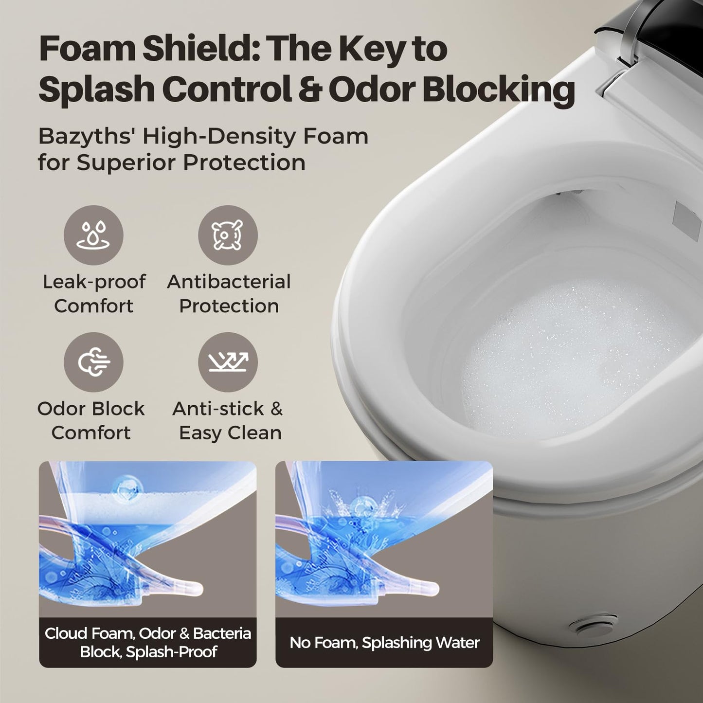 Bazyths Smart Compact Toilet for Small Bathroom, 23" Depth Shallow Toilet with Foam Shield Auto Open/Close Lid, 12" Rough In, Built-in Tank, Heated Seat Foot Sensor Flush One-Piece (ZY695A Mini)