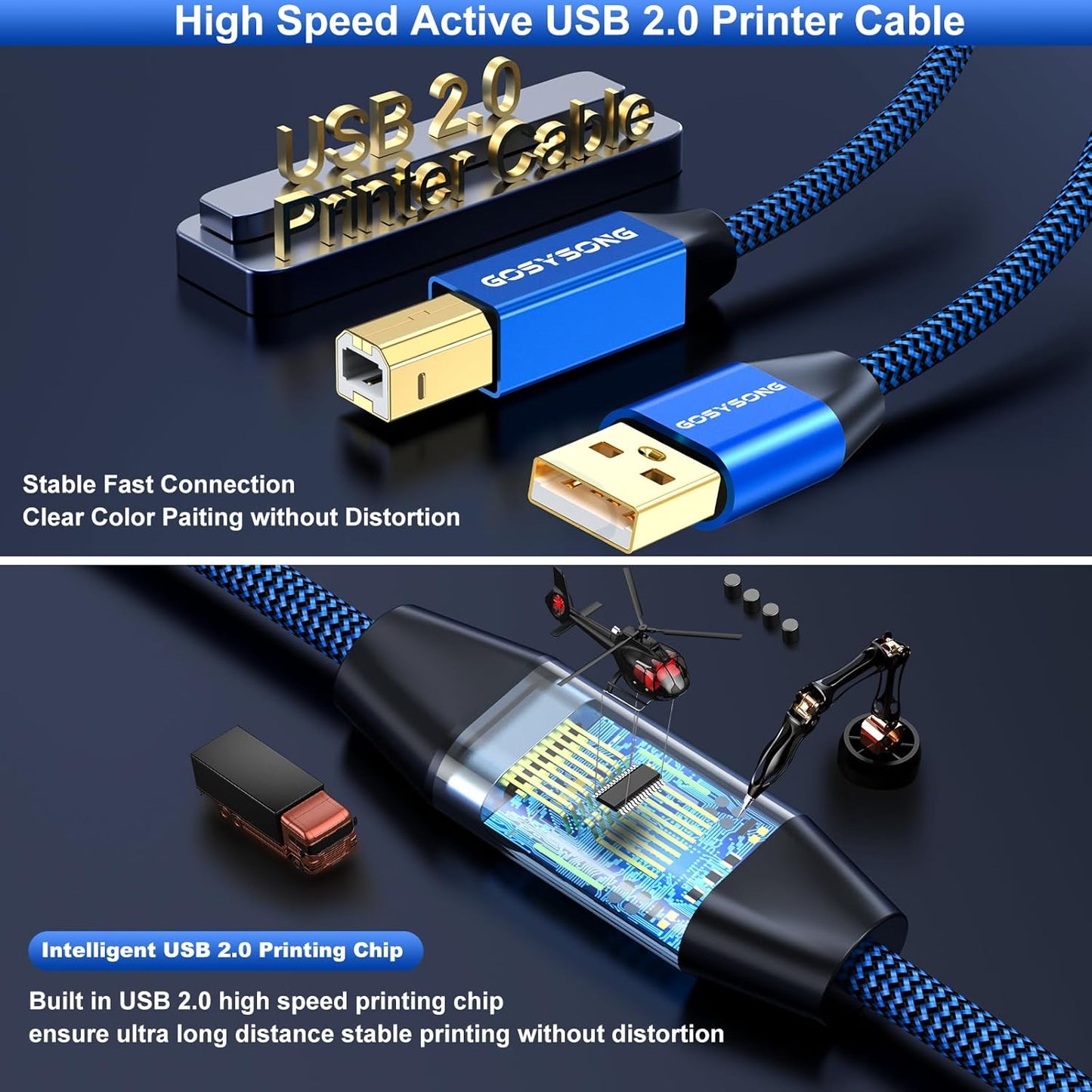 40ft Active USB A to B Cable - High Speed Long Printer USB