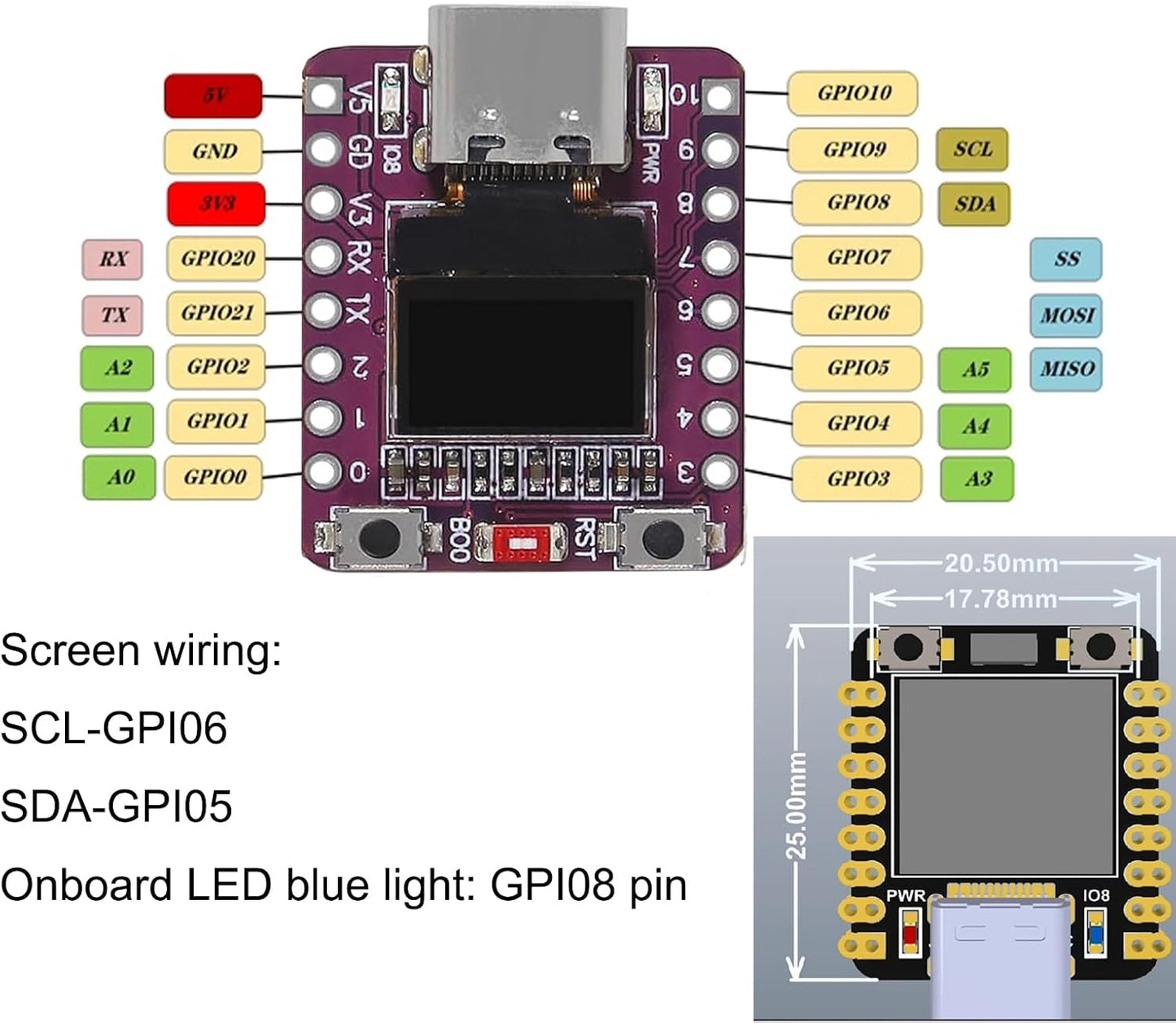FBHDZVV ESP32 C3 0.42 0.42 ESP32 32 in OLED Development Board Supermini WiFi Bluetooth Type-C USB ESP