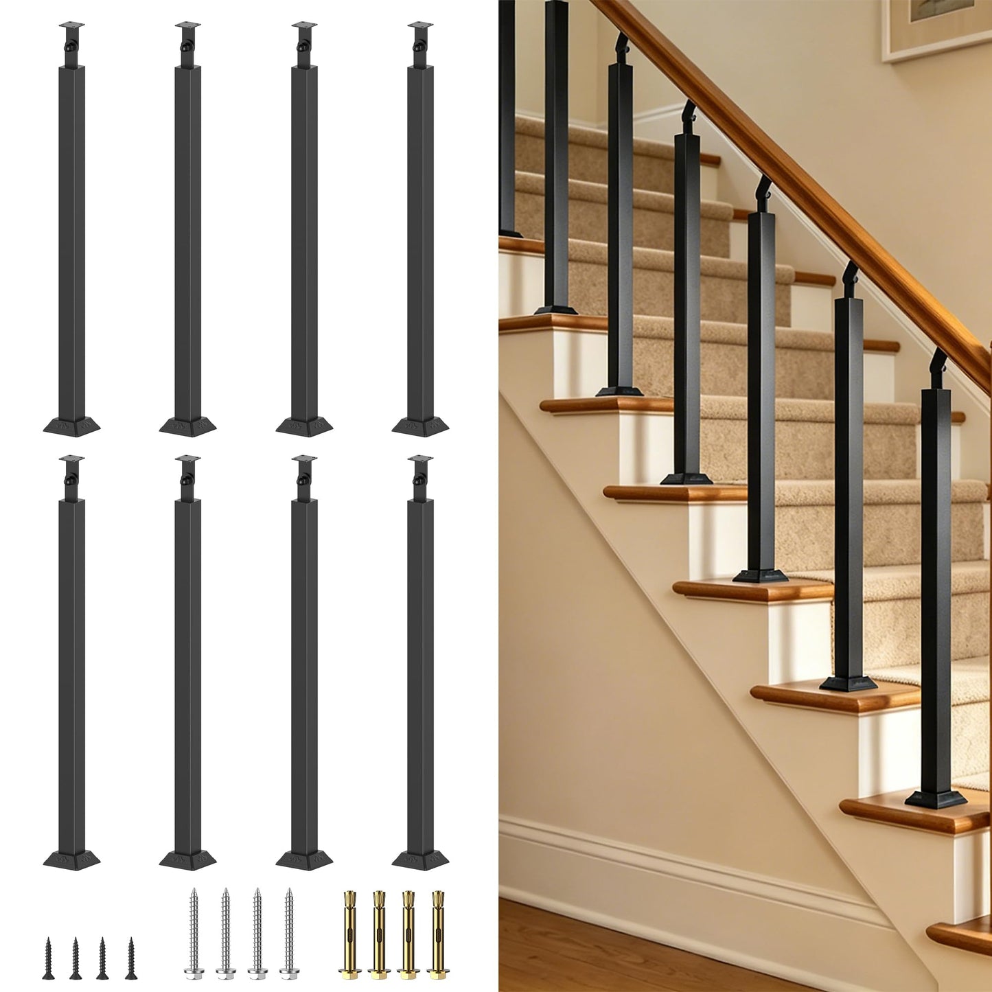 Front Mount Stair Railing Post, 33.46 Inch Black Metal Baluster Spindles with 270° Adjustable Bracket for Indoor Stairs, Deck, Porch & Balcony Railing