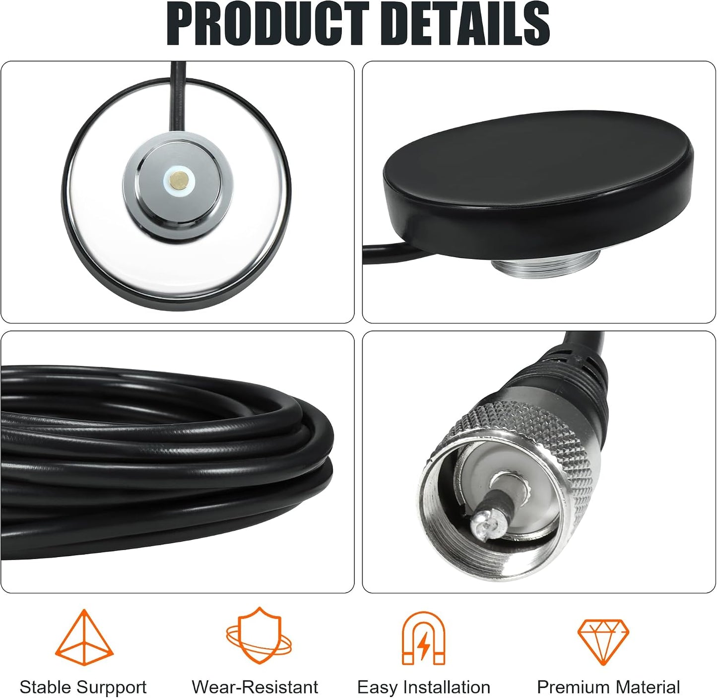 BASIKER SO239, PL-259 W/5M(16.4ft) RG58 CB Antenna NMO Magnetic Base Mount Plug Coaxial Cable, Heavy Duty Magnetic