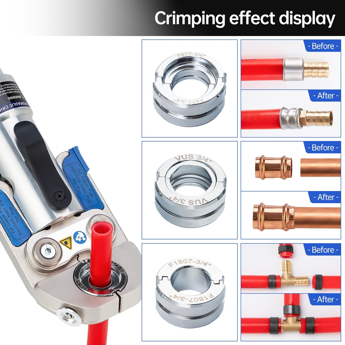 IBOSAD Hydraulic Copper Pipe Tube Fittings Crimping Tool with 30° Angle Jaw with1/2,3/4,1" Die for Copper Pipe and F877 Stainless PEX Press Sleeves,3/8" to 1" Die for F1807 Pex Pipe Copper Ring