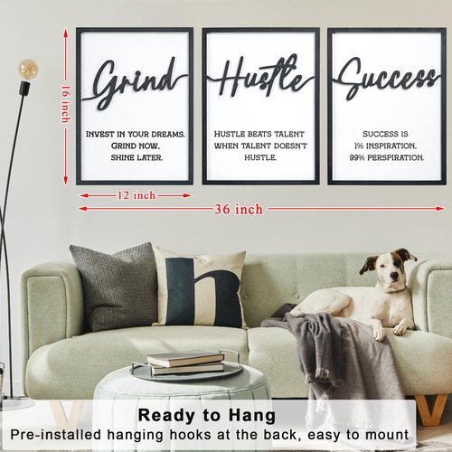 3D Wood Inspirational Office Wall Decor, 36" x 16" Framed Grind Hustle Success Motivational Wall Art, Positive Quotes Wall Art for Home Office Bedroom (Ready to Hang, Set of 3, Framed)