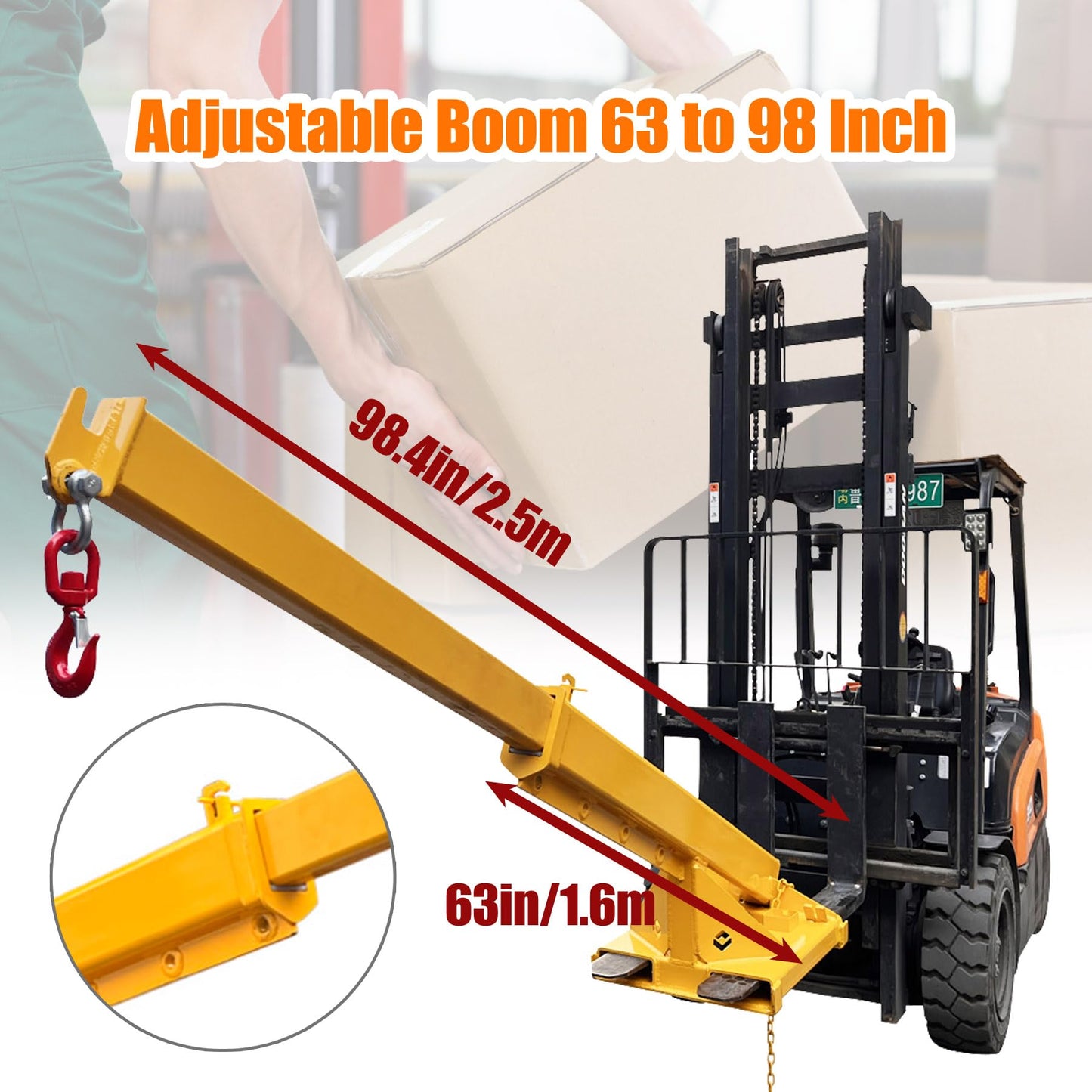 TECHTONGDA Adjustable Forklift Jib Boom Crane Forklift Mobile Crane, Fork Mounted Telescoping Crane Jib Boom for Warehouse or Factories, Adjustable Boom 63"-98", 4400 LB/ 2T Capacity