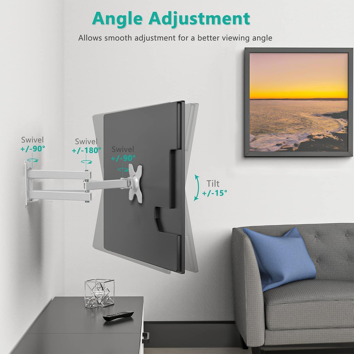 WALI 15 inch 13 32 inch 100x100mm (1330LM-W), TV Wall Mount Articulating LCD Monitor Full Motion Extension Arm Tilt