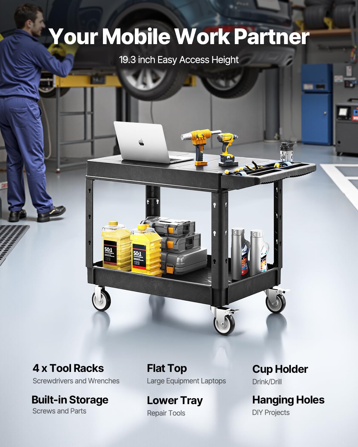 VEVOR Utility Cart, 550 lbs Load Capacity, 37 x 25.4-inch Service Cart, Two-Shelf Heavy Duty Plastic Utility Cart with 360° Swivel Wheels (2 with Brakes), Suitable for Warehouse, Garage, Cleaning