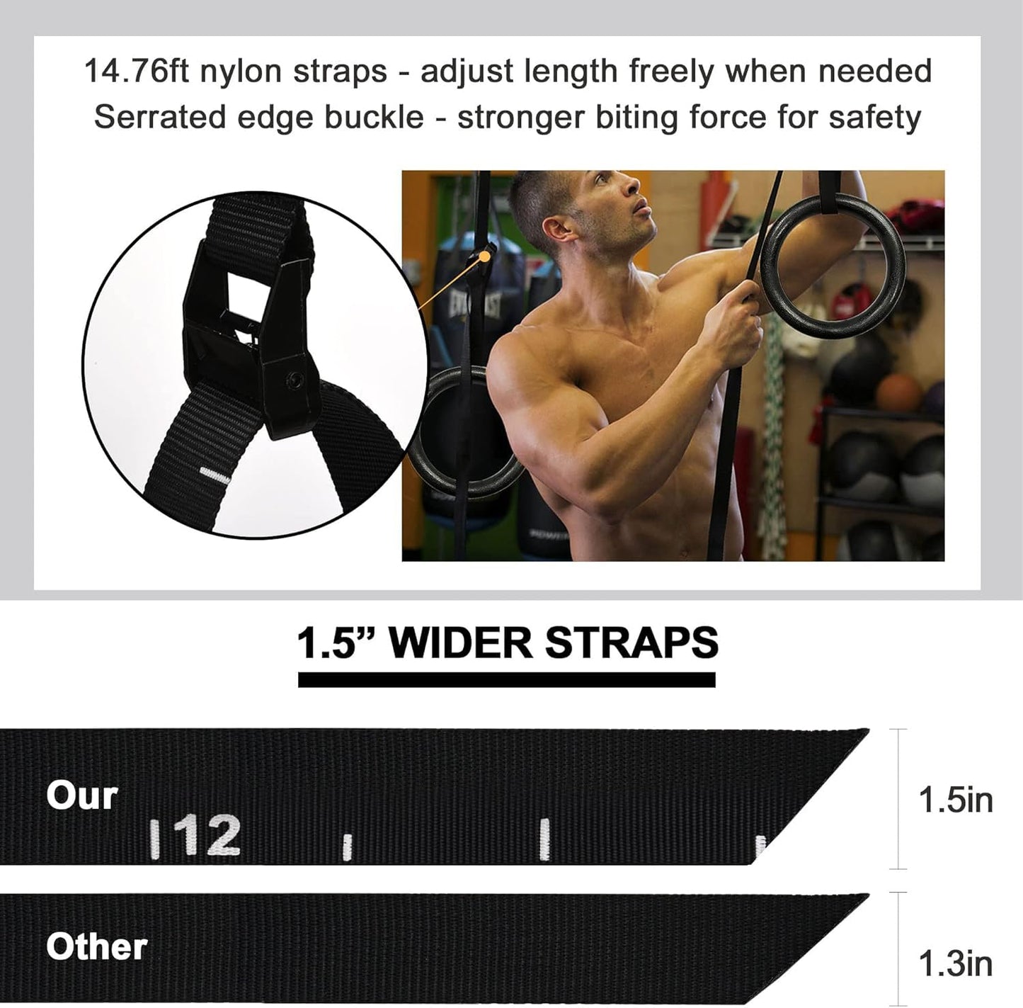 PACEARTH Gymnastic Rings Orange/Green/Red/Black/Grey 1100lbs Capacity with 14.76ft Adjustable Buckle Straps Pull Up Exercise Rings Non-Slip Rings for Home Gym Full Body Workout (Yellow)