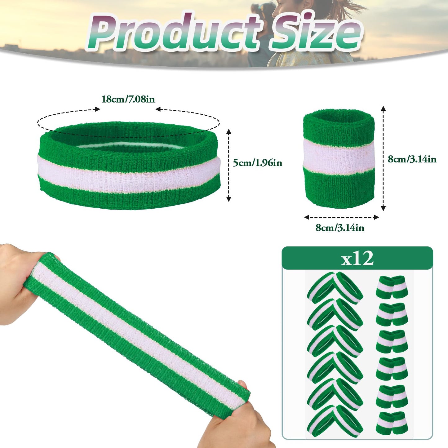 36 Pcs Wrist Sweatband Set Sports Headband Wristband Set for Men Women Party Sports Cotton Headbands Athletic Sweat Bands for Tennis Football Gym Workingout Accessories (Green White)