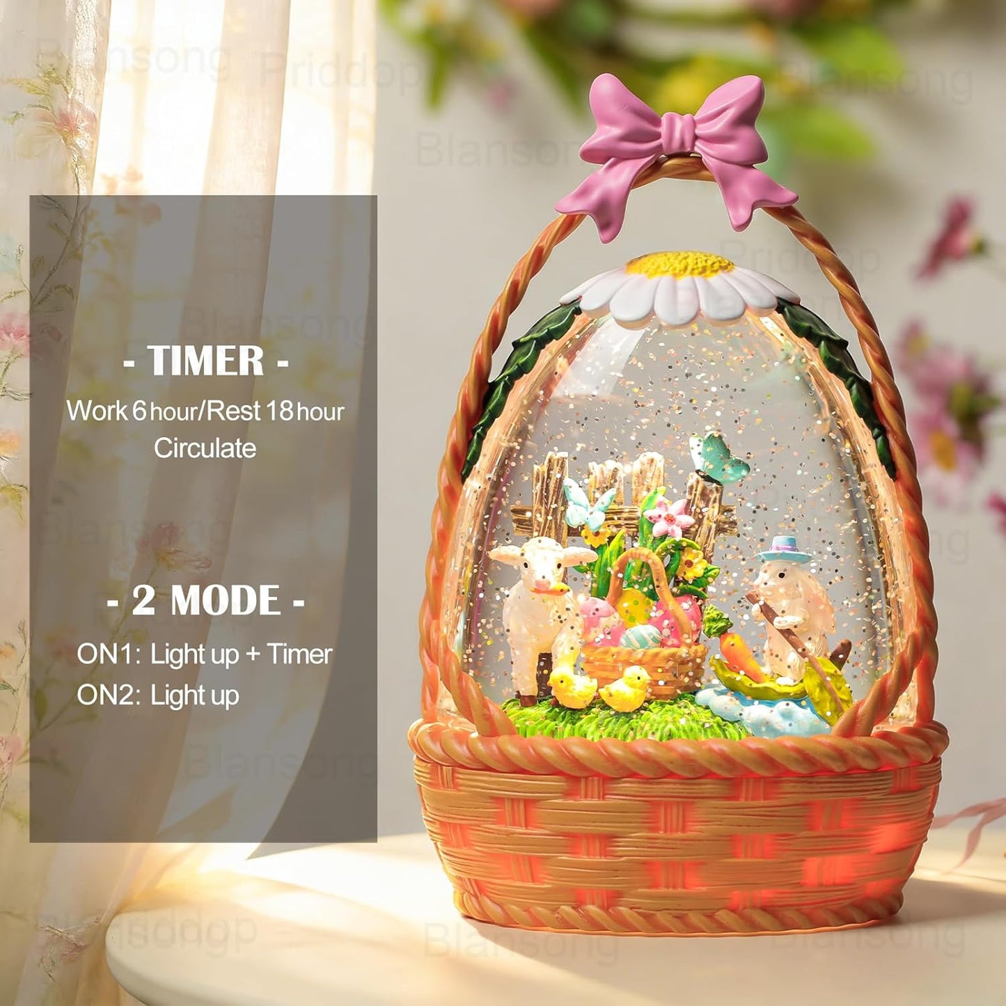 Priddop Easter Bunny Snow Globe | 9.5-Inch Glittering Tabletop Decoration with Timer