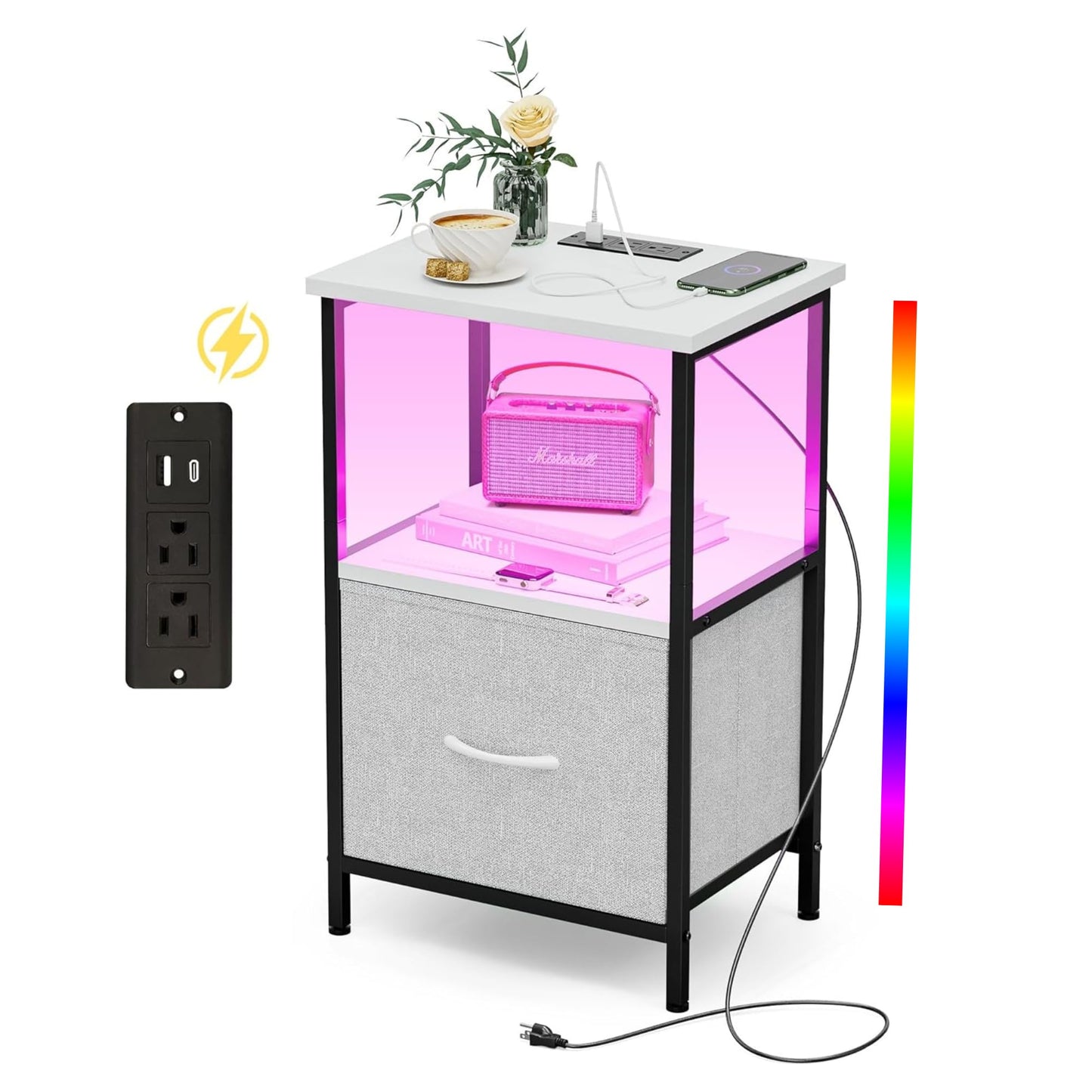 Innerjoin Nightstand with Charging Station USB A&C Ports, LED Nightstand with 2 Drawers & Storage Shelf, Bed Stand Side End Table for Bedroom Living Room Dorm, White