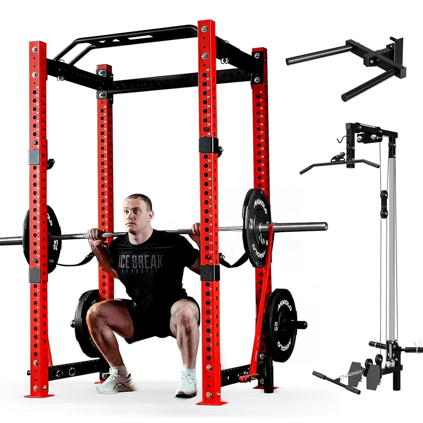 Mikolo 3"x3" Power Cage, Multi-Function Power Rack with LAT Pull Down Pulley System, Commercial Squat Rack for Home Gym with Dip Bar, LAT Pull Down Pulley System