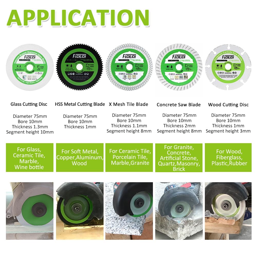 Mini 3 inch Diamond Blades - FACHLICH Cutting Disc and FACHLICH Tile Hole Saw Kit - 12pcs Diamond Core Drill Bits Set 1/4" 5/16" 4/5" 1" 1-3/8" 2" 3" 4" with 4/5" Finger Bit 2" Beveling Chamfer Bit