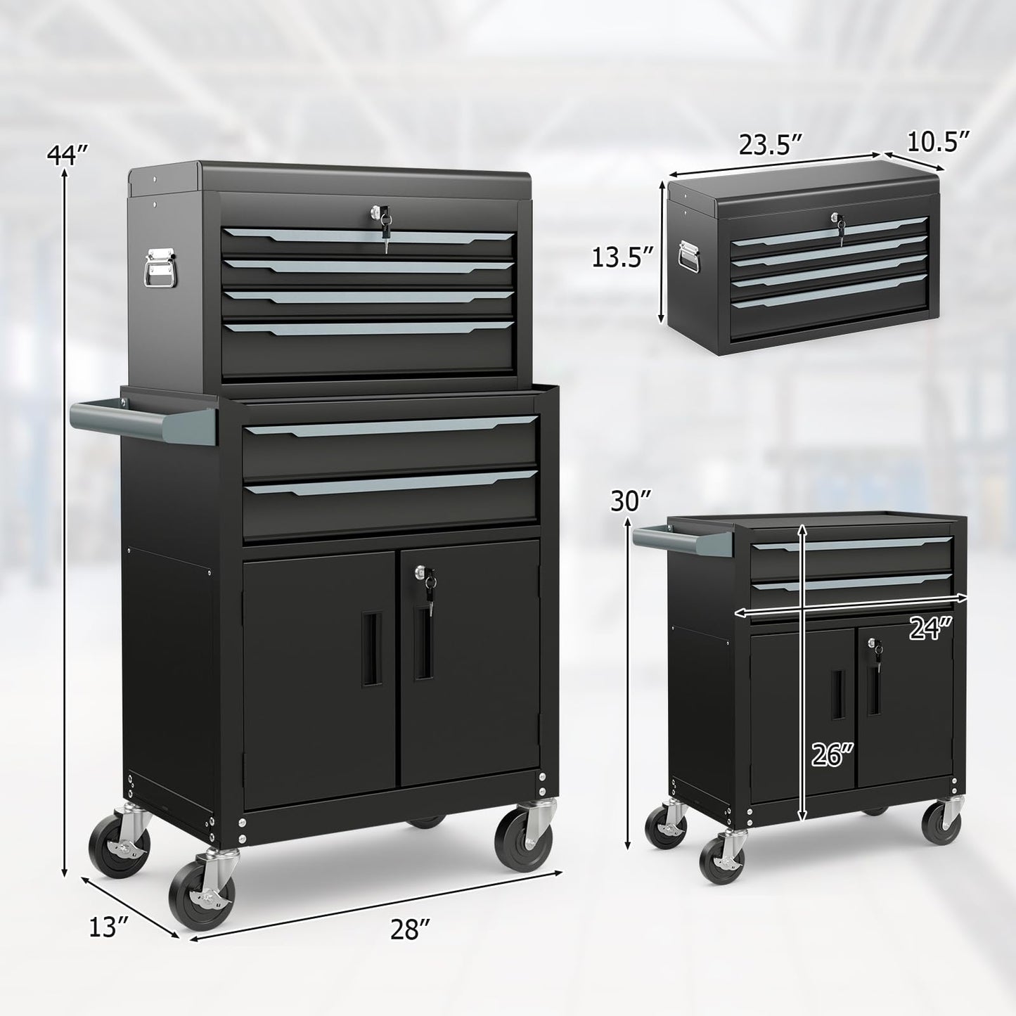 ERGOMASTER Large Rolling Tool-Chest with 6 Drawers Heavy Duty Tool-Cabinet on Wheels Lockable and Lock System for Garage Workshop(28 x 13 x 44”-Black)