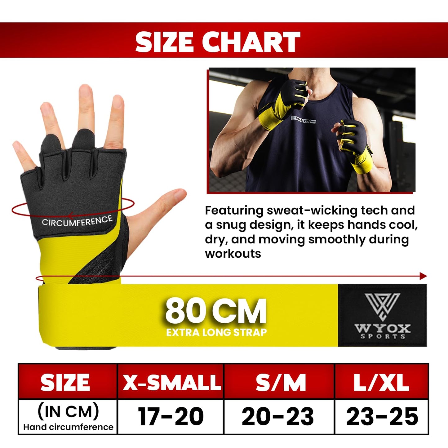 WYOX Gel Boxing Hand Wraps Inner Gloves for Men & Women, 80cm Quick Wrist Straps, Padded Knuckle Protection for Muay Thai Kickboxing, Hand Wraps for Boxing & Martial Arts (Glow Yellow, XS)