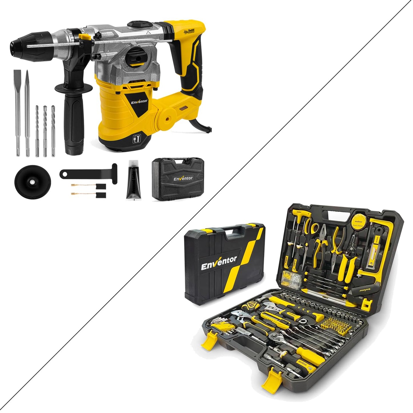 ENVENTOR 1-1/4 Inch SDS-Plus 12.5A Heavy Duty Rotary Hammer Drill for Concrete Stone & Home Tool Kit 220 Pcs