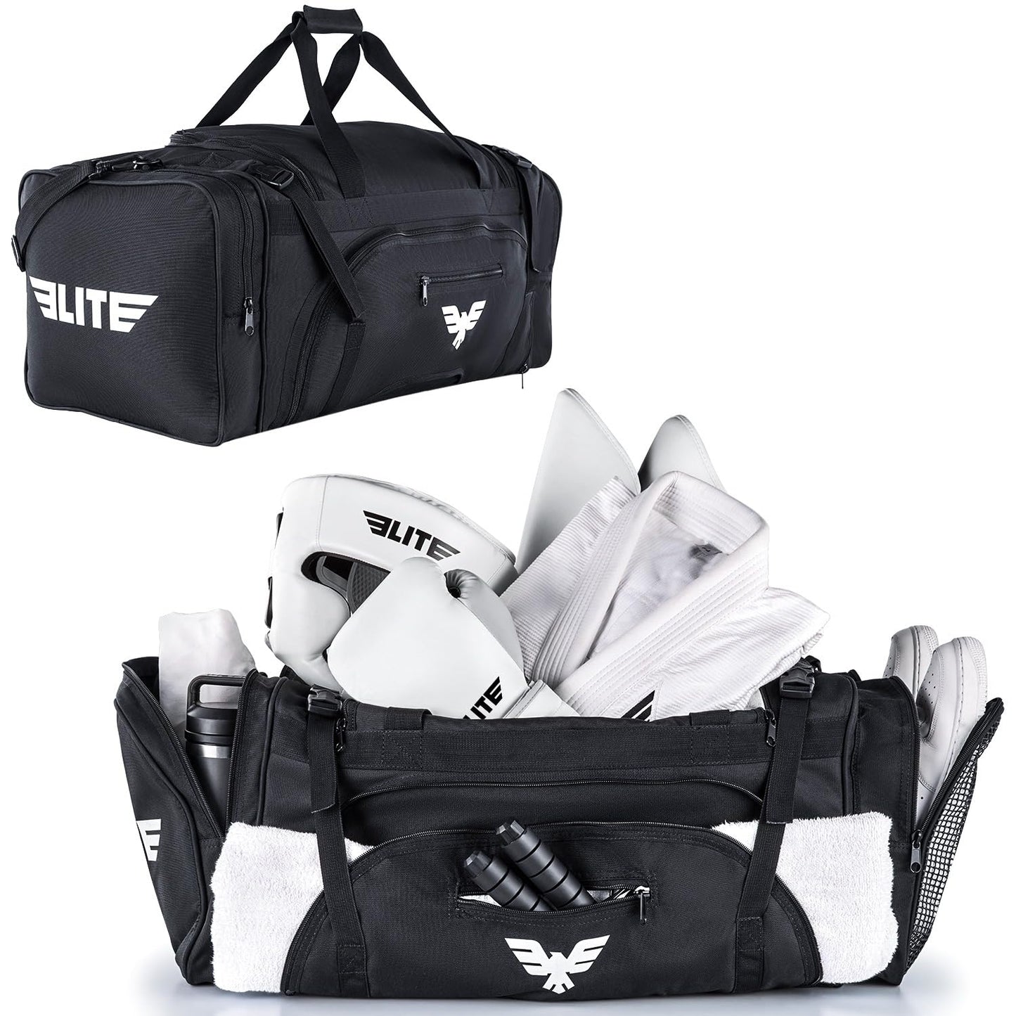 Elite Sports Monster MMA Duffel Bag – Large 44L Cordura Sports Bag w/Mesh Shoe Compartment & Adjustable Strap – MMA, BJJ, Martial Arts Gear – Fits Gi, Headgear, Shin Guards, Rash Guards & More